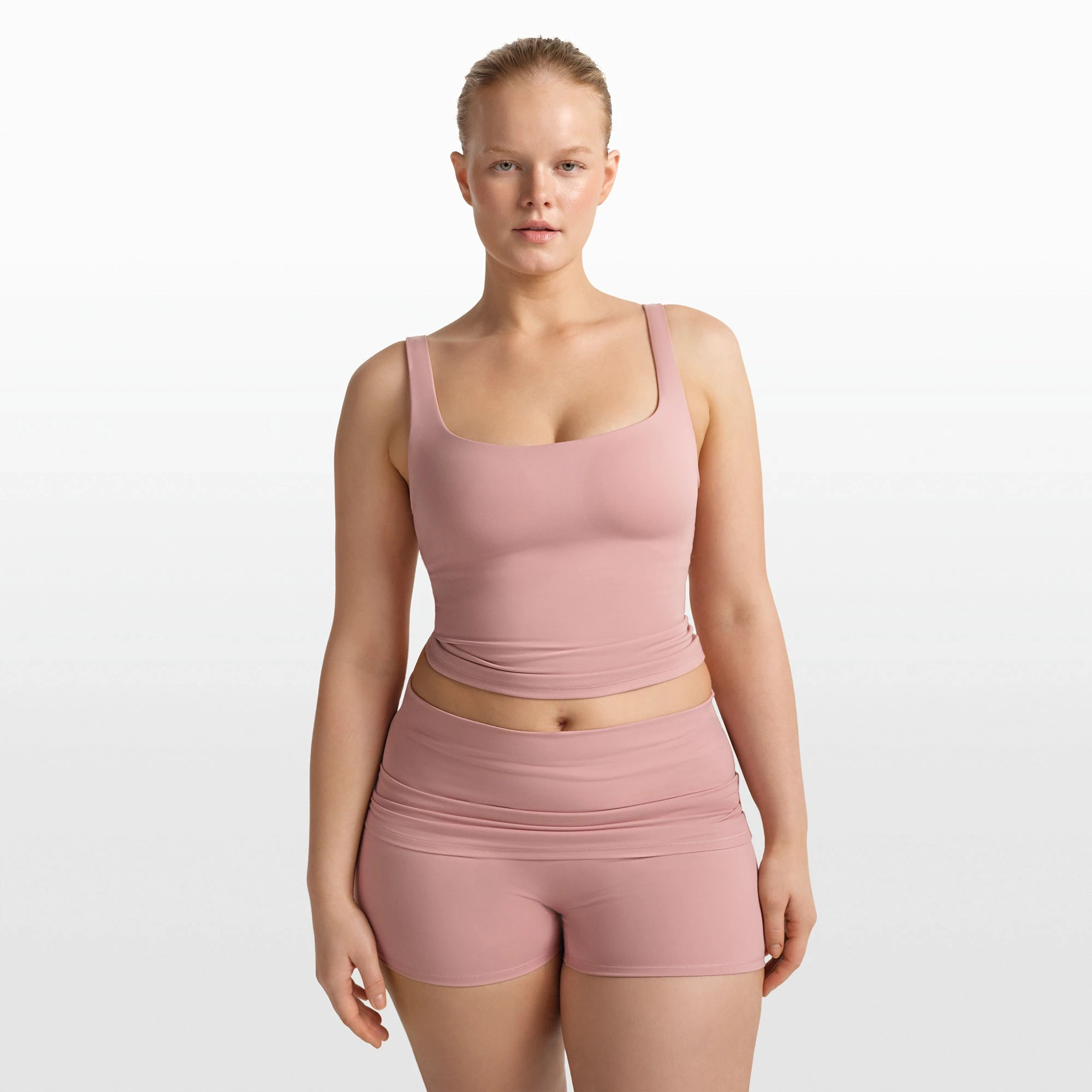 NikeSKIMS MATTE SQUARE NECK TANK | HIMALAYAN ON A MODEL FRONT VIEW @ | FOCUS: 0.0, 1.0, 0.9