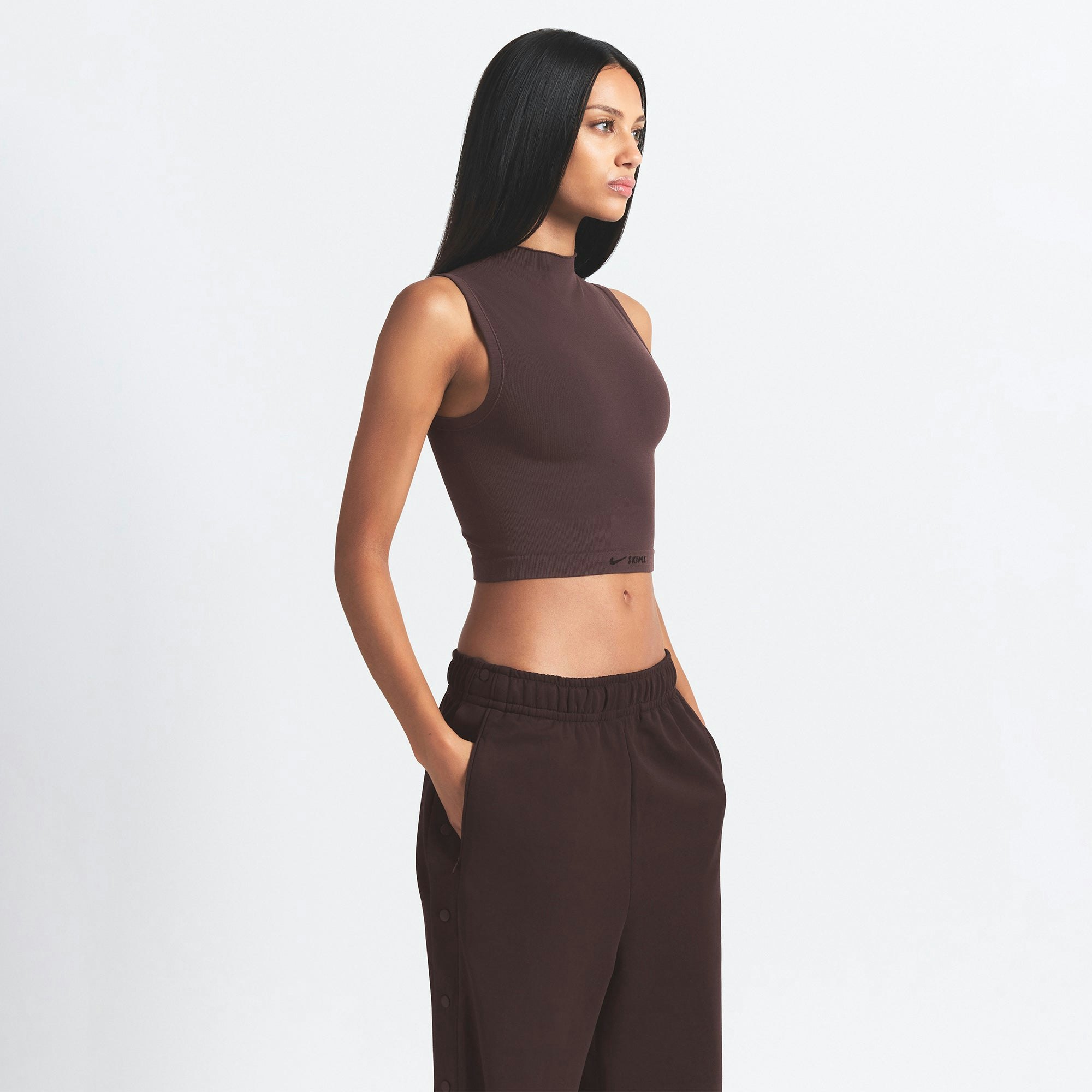 NikeSKIMS VINTAGE SEAMLESS MOCK NECK BRA TOP | PHOENIX ON A MODEL SIDE VIEW