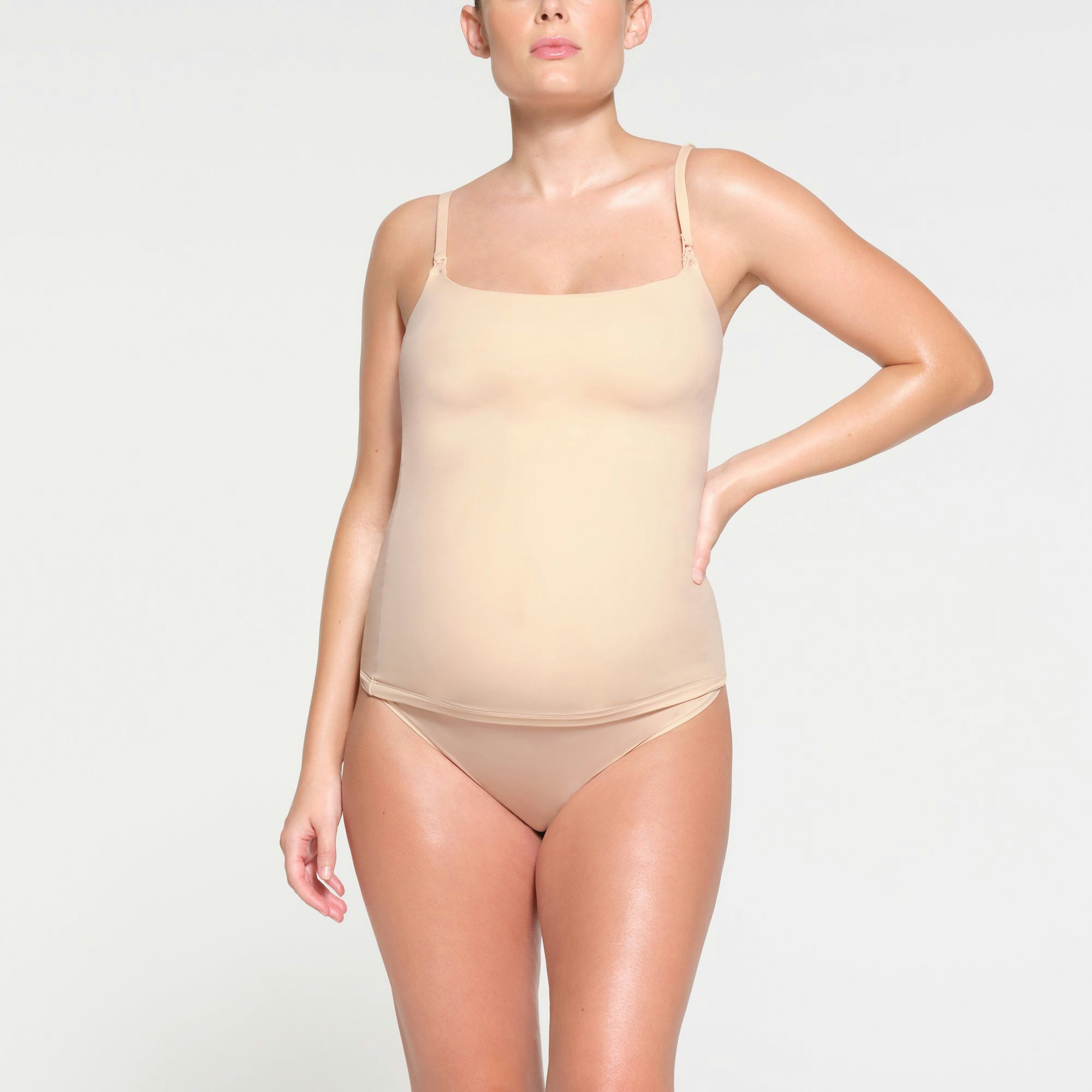 FITS EVERYBODY MATERNITY NURSING TANK | SAND ON A MODEL FRONT VIEW