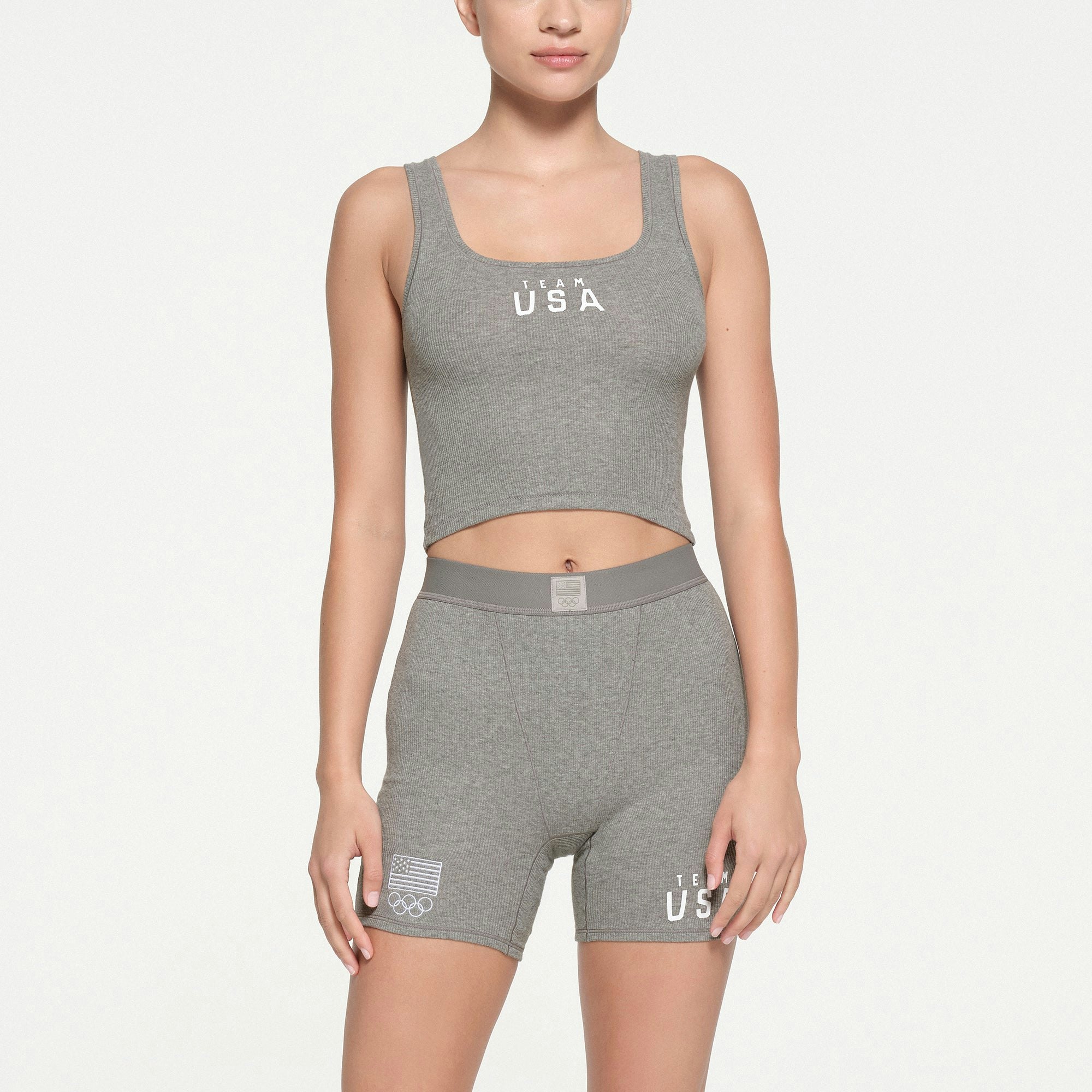 SKIMS FOR TEAM USA COTTON RIB OLYMPIC TANK | HEATHER GREY ON A MODEL FRONT VIEW