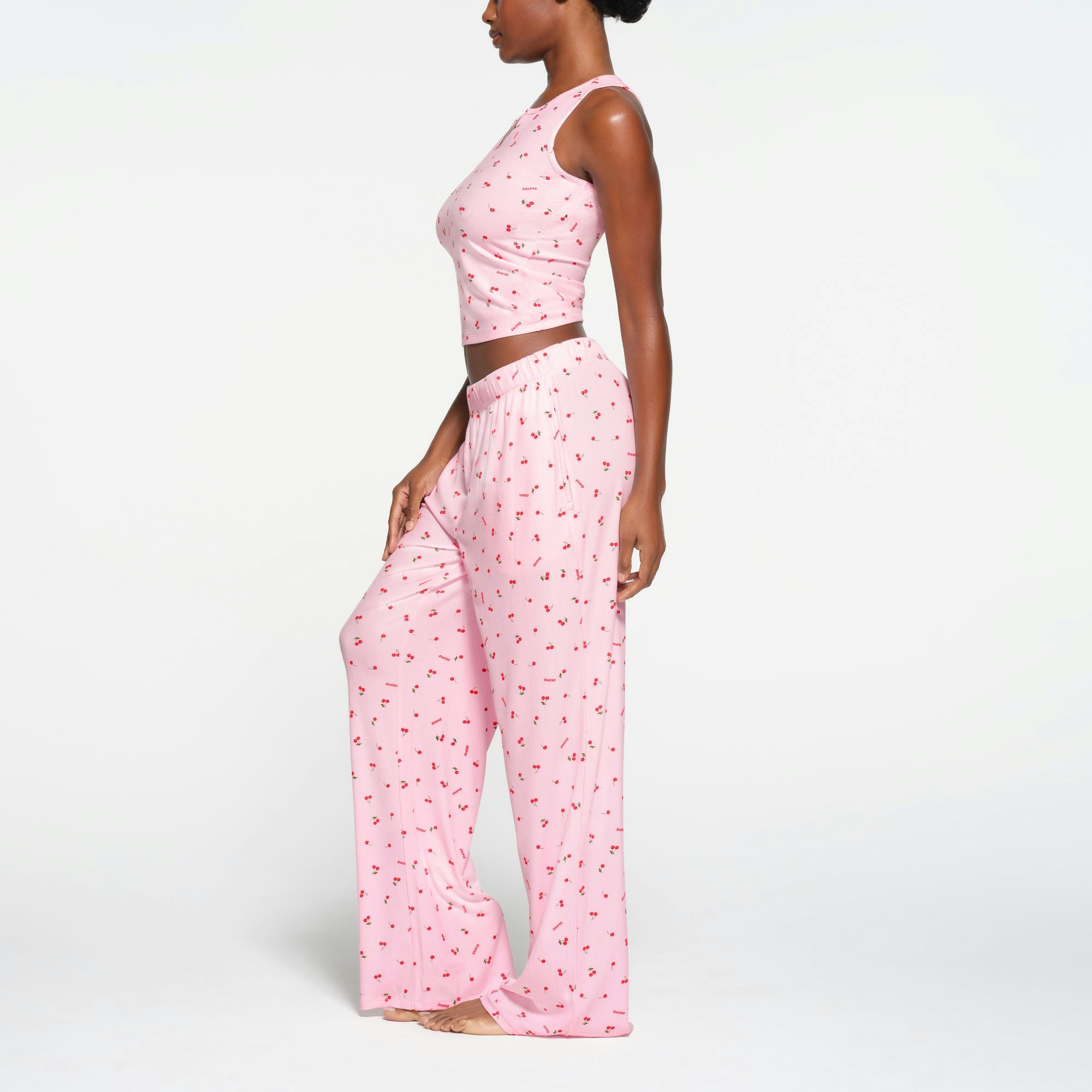 SOFT LOUNGE SPLIT NECK TANK | CHERRY BLOSSOM CHERRY PRINT ON A MODEL SIDE VIEW