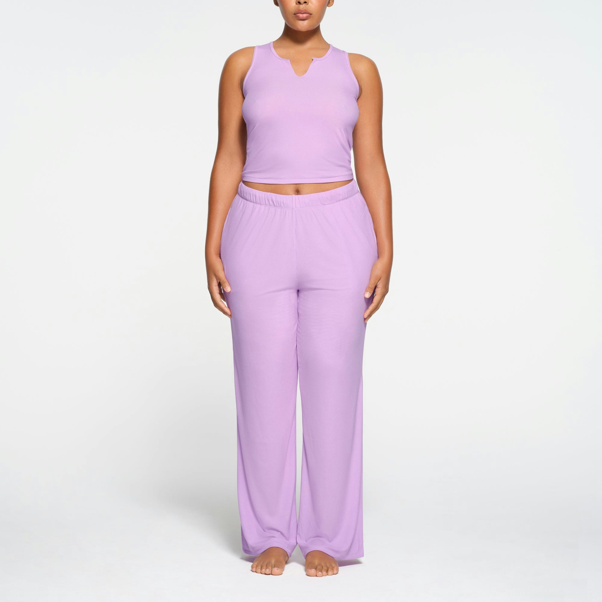 SOFT LOUNGE SPLIT NECK TANK | SUGAR PLUM ON A MODEL FRONT VIEW