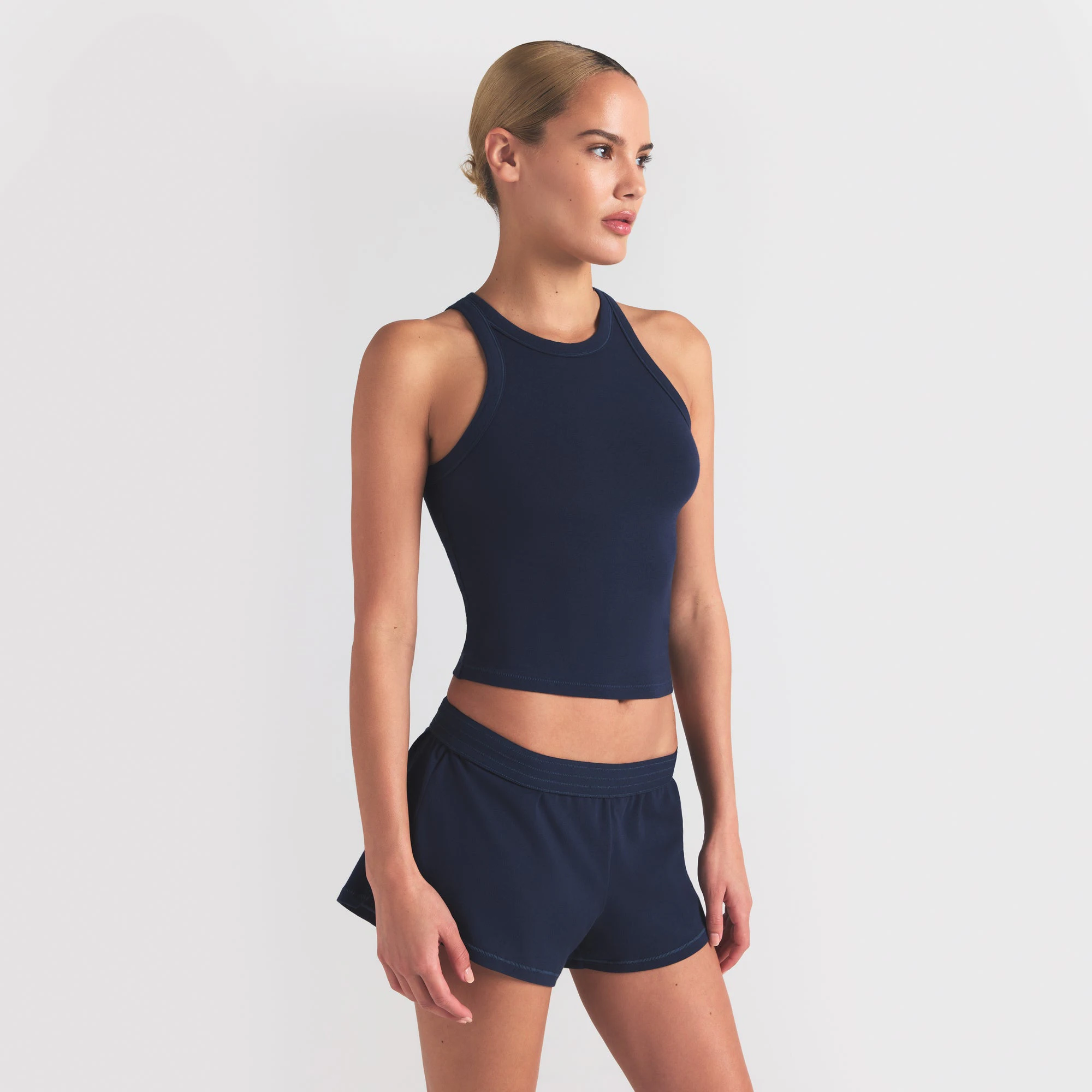 COTTON JERSEY CREW NECK TANK | NAVY ON A MODEL SIDE VIEW | FOCUS: 0.0, 1.0, 0.9