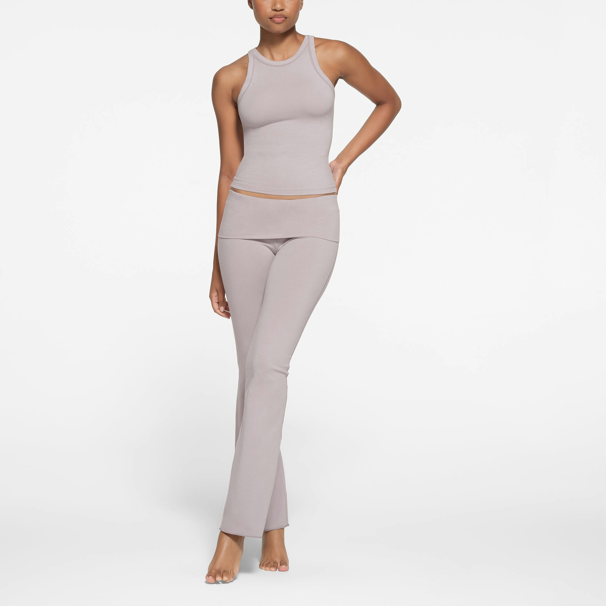 COTTON JERSEY HIGH NECK TANK | OYSTER ON A MODEL FRONT VIEW