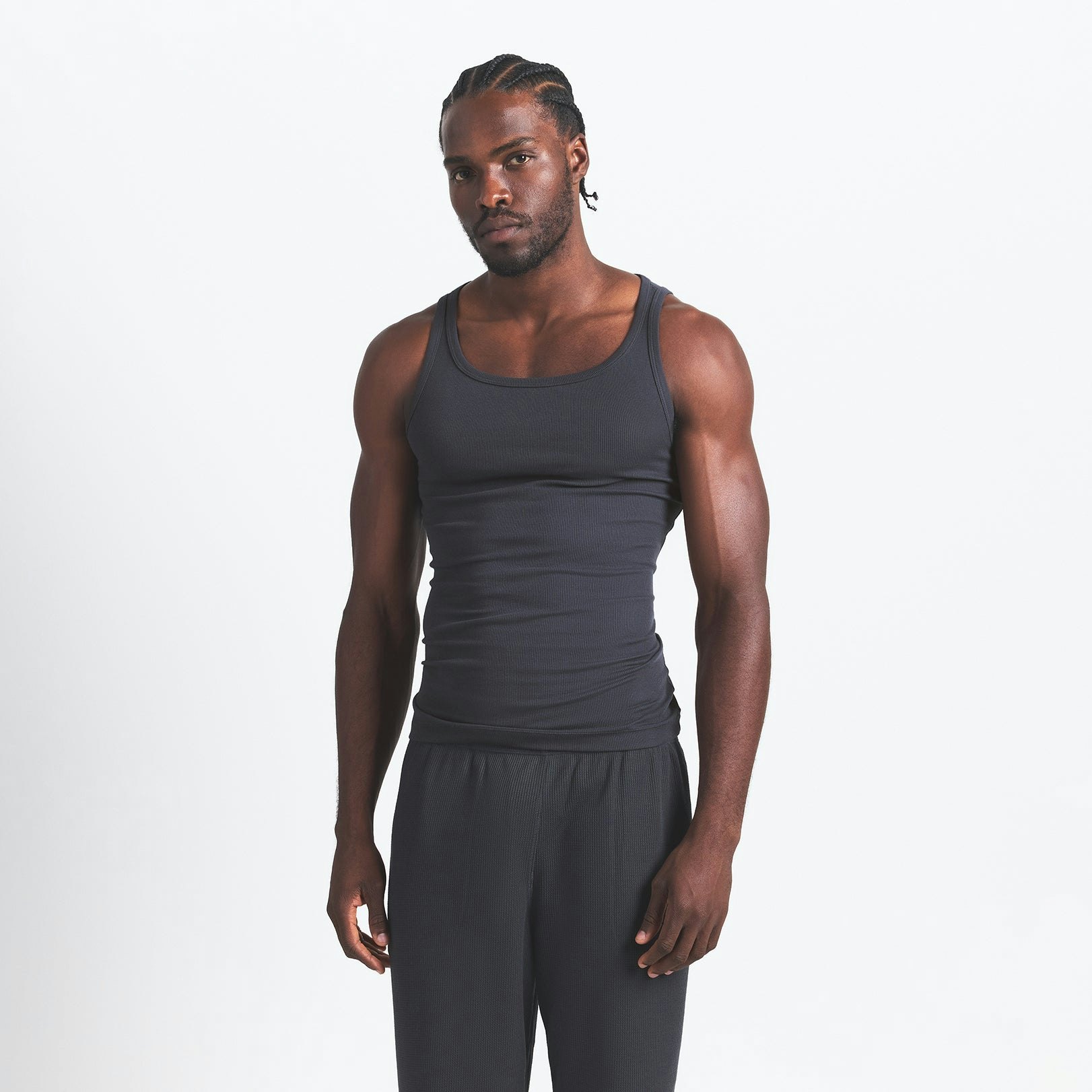 SKIMS Cotton MENS RIB TANK 3-PACK | DRIFTWOOD MULTI ON A MODEL FRONT VIEW @ | FOCUS: 0.0, 1.0, 0.9