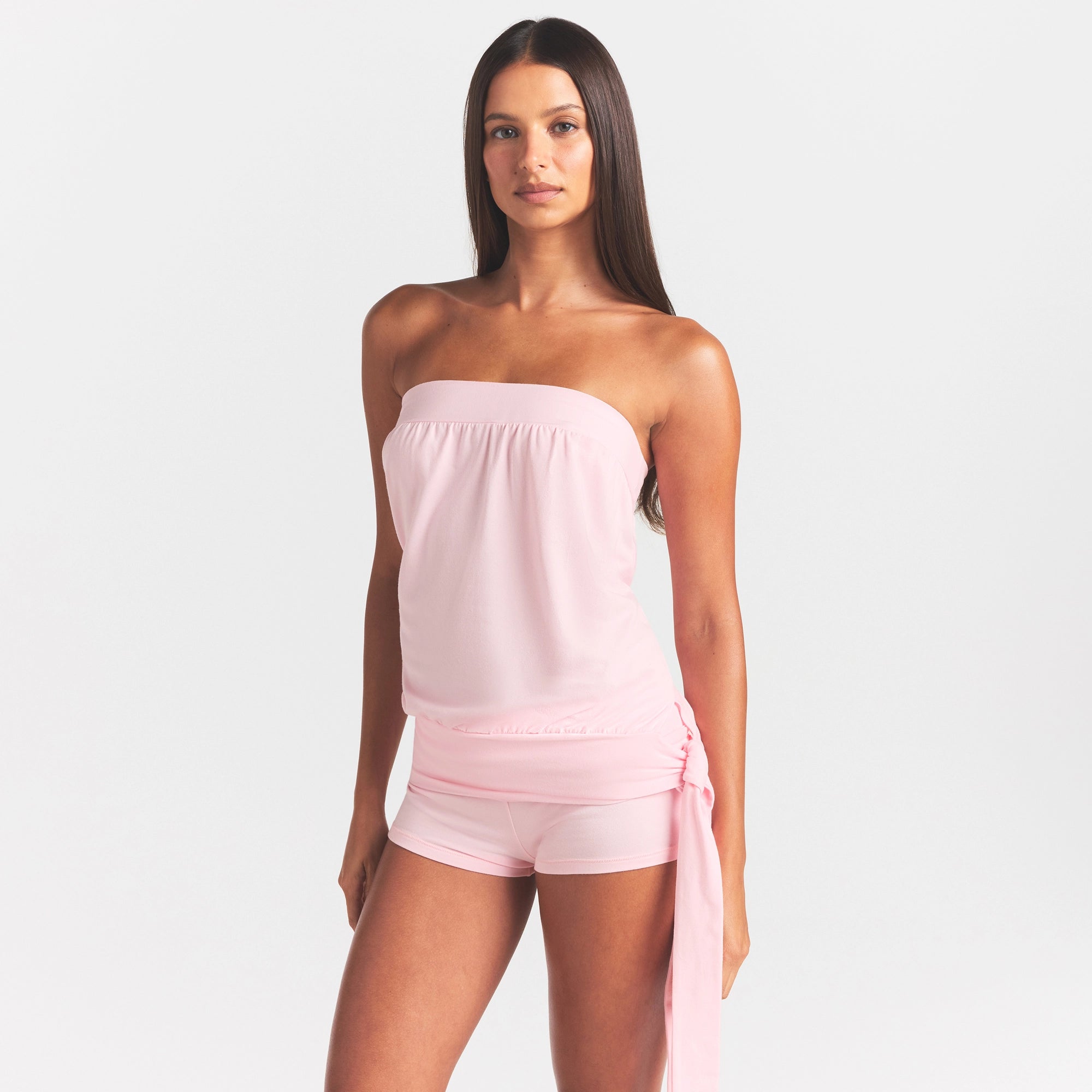 COTTON JERSEY TIE SIDE TUBE TOP | CHERRY BLOSSOM ON A MODEL SIDE VIEW @ | FOCUS: 0.0, 1.0, 0.9