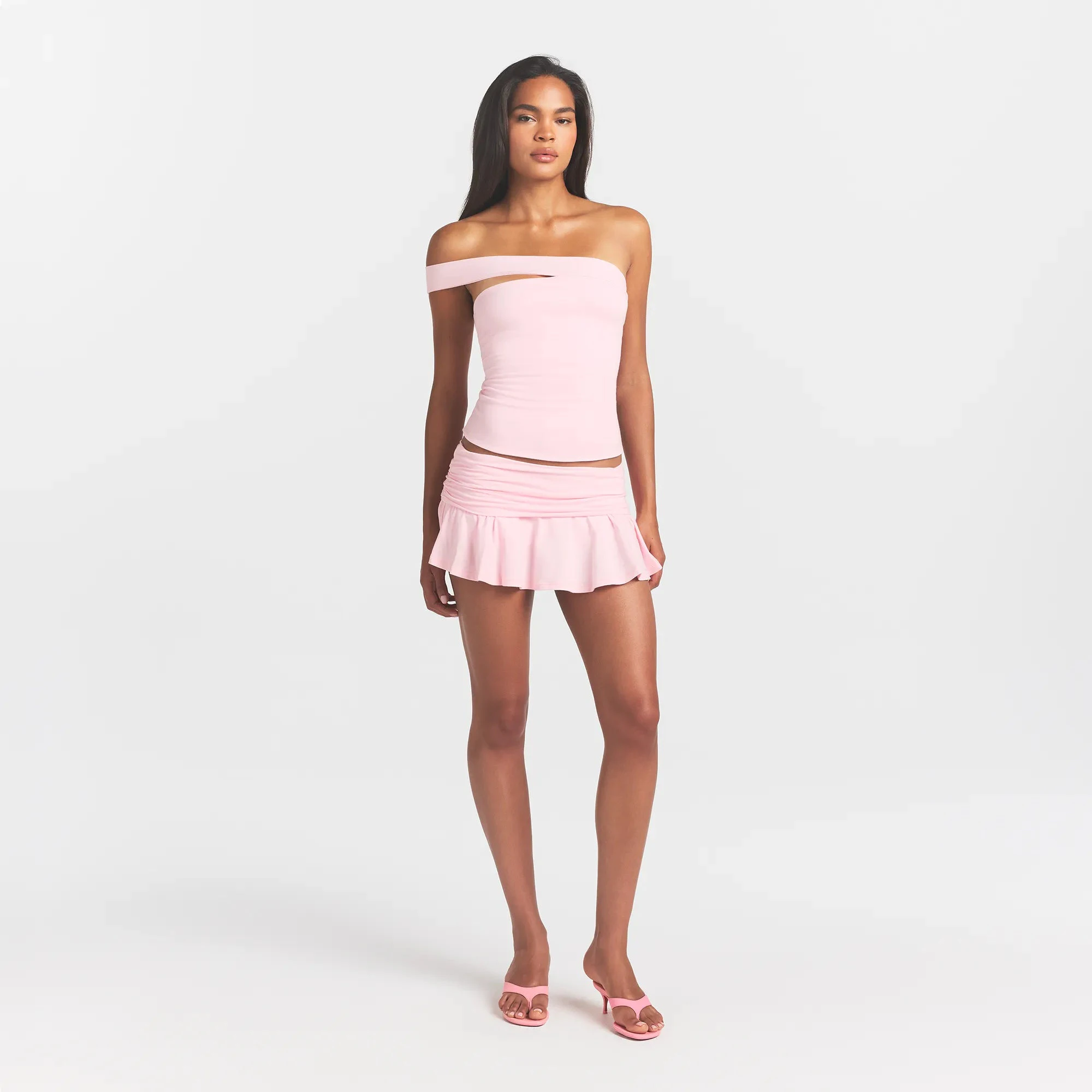 COTTON JERSEY ASYMMETRICAL TOP | CHERRY BLOSSOM ON A MODEL FRONT VIEW @ | FOCUS: 0.0, 1.0, 0.9