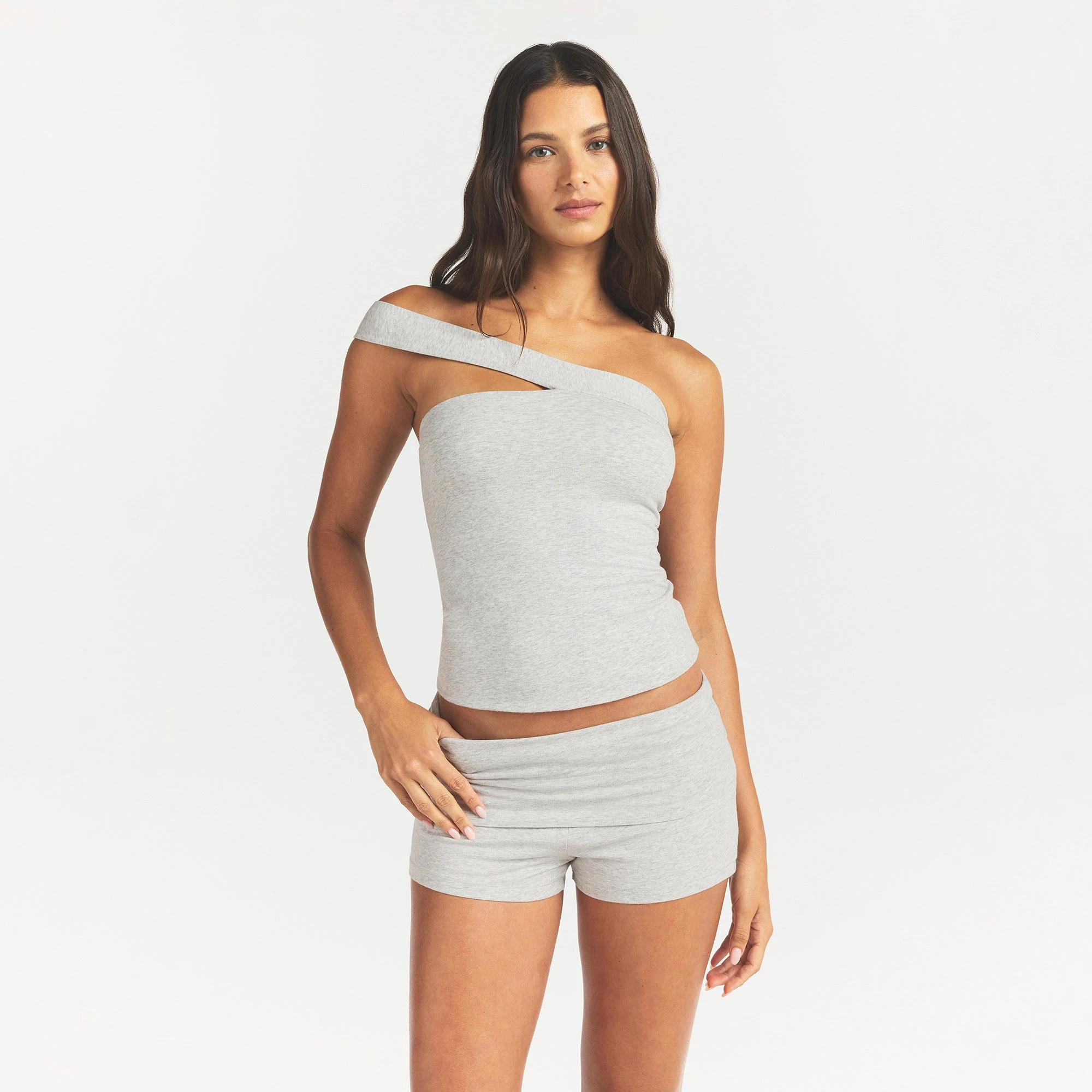 COTTON JERSEY ASYMMETRICAL TUBE TOP | LIGHT HEATHER GREY ON A MODEL FRONT VIEW @ | FOCUS: 0.0, 1.0, 0.9