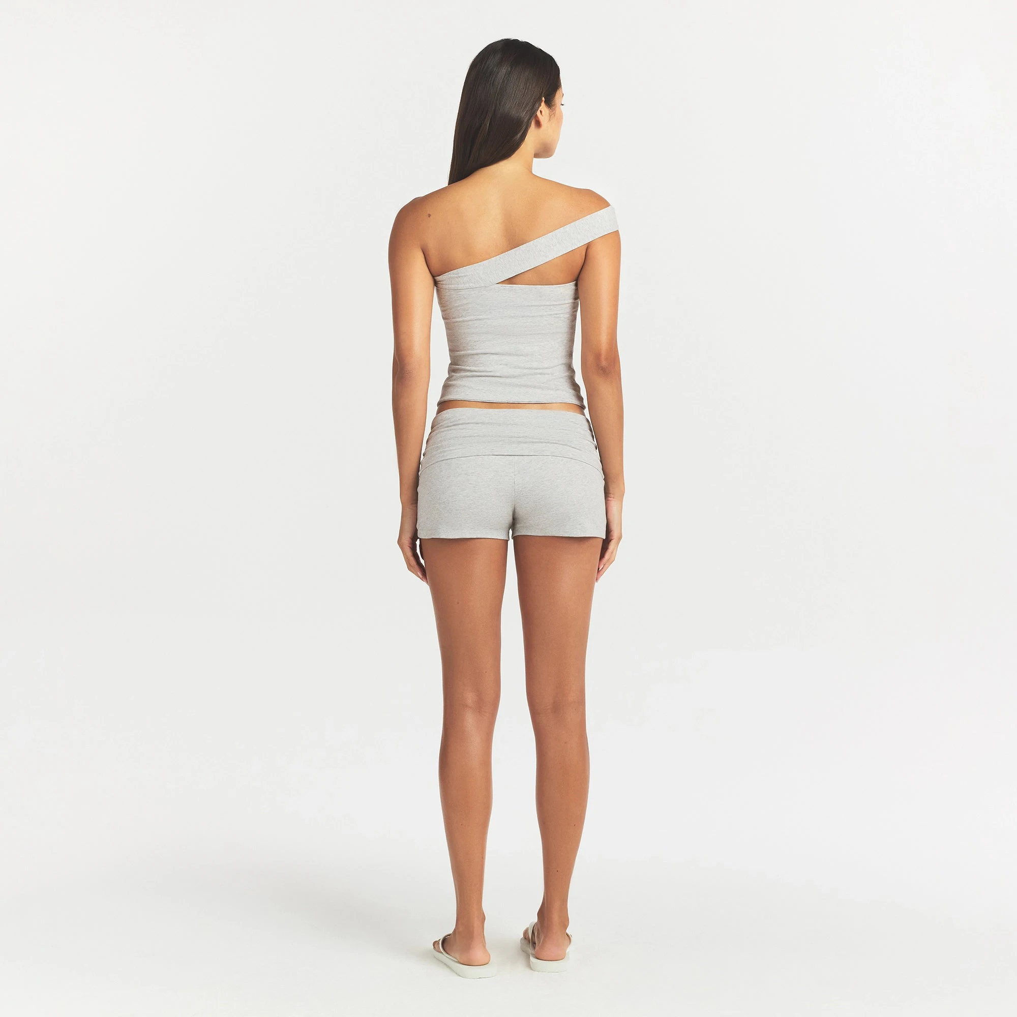 COTTON JERSEY ASYMMETRICAL TUBE TOP | LIGHT HEATHER GREY ON A MODEL BACK VIEW @ | FOCUS: 0.0, 1.0, 0.9