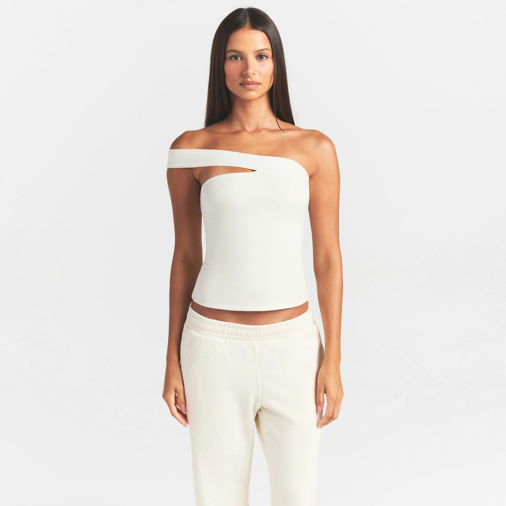 COTTON JERSEY ASYMMETRICAL TOP | MARBLE ON A MODEL SIDE VIEW @ | FOCUS: 0.0, 1.0, 0.9