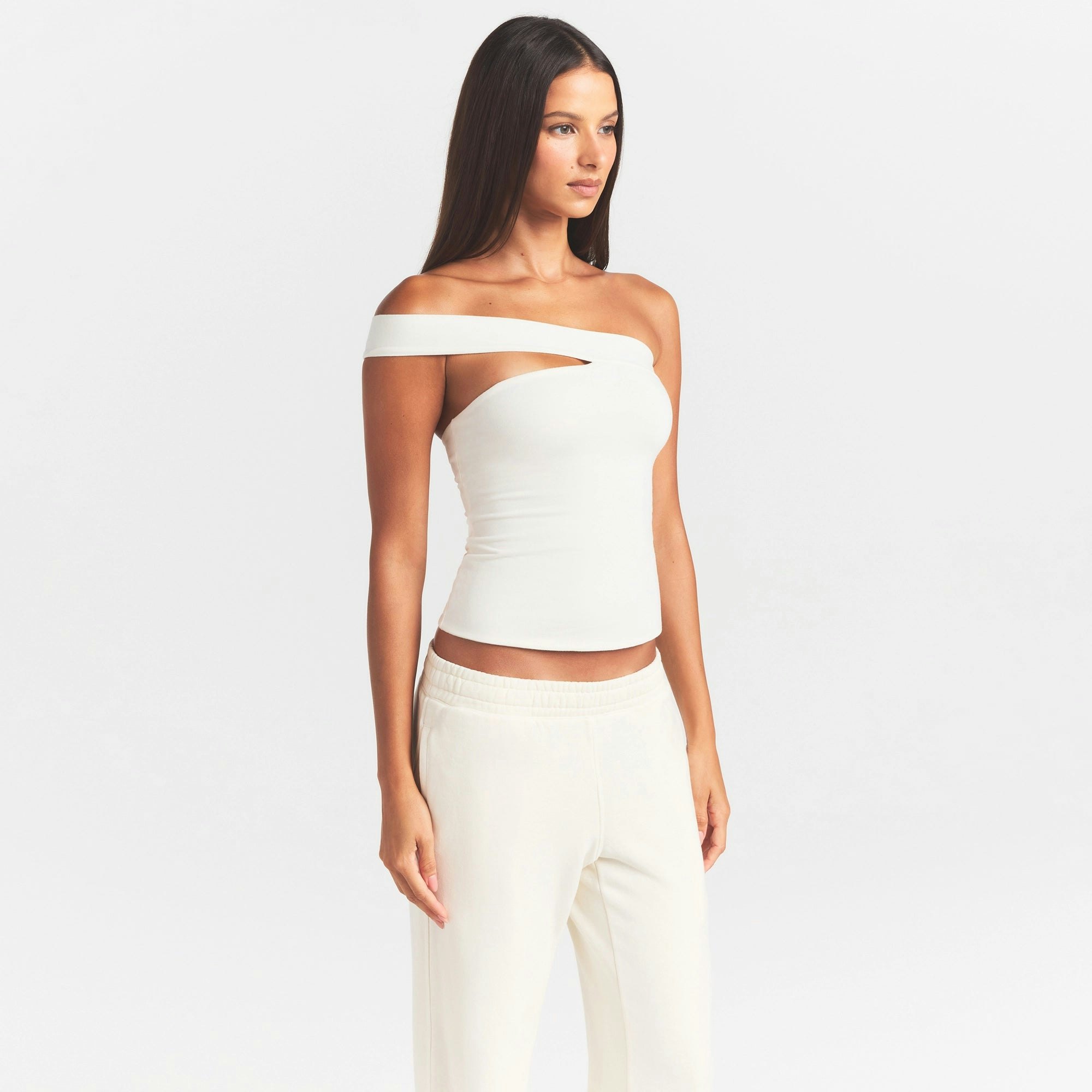 COTTON JERSEY ASYMMETRICAL TOP | MARBLE ON A MODEL SIDE VIEW @ | FOCUS: 0.0, 1.0, 0.9