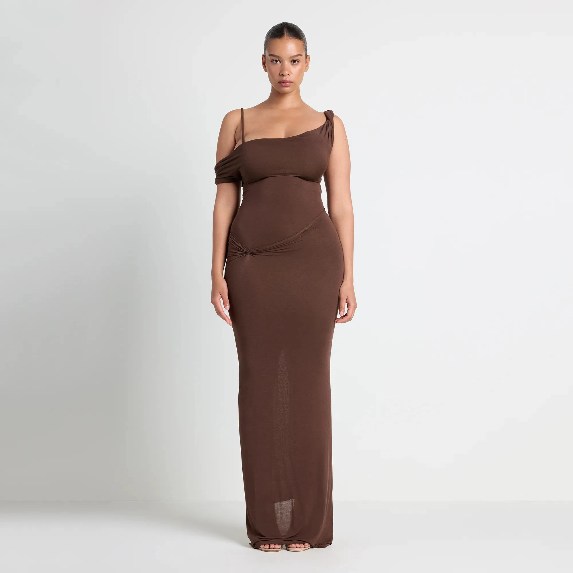 VETTESE X SKIMS SHEER MODAL DRAPED BRALETTE | COCOA ON A MODEL FRONT VIEW