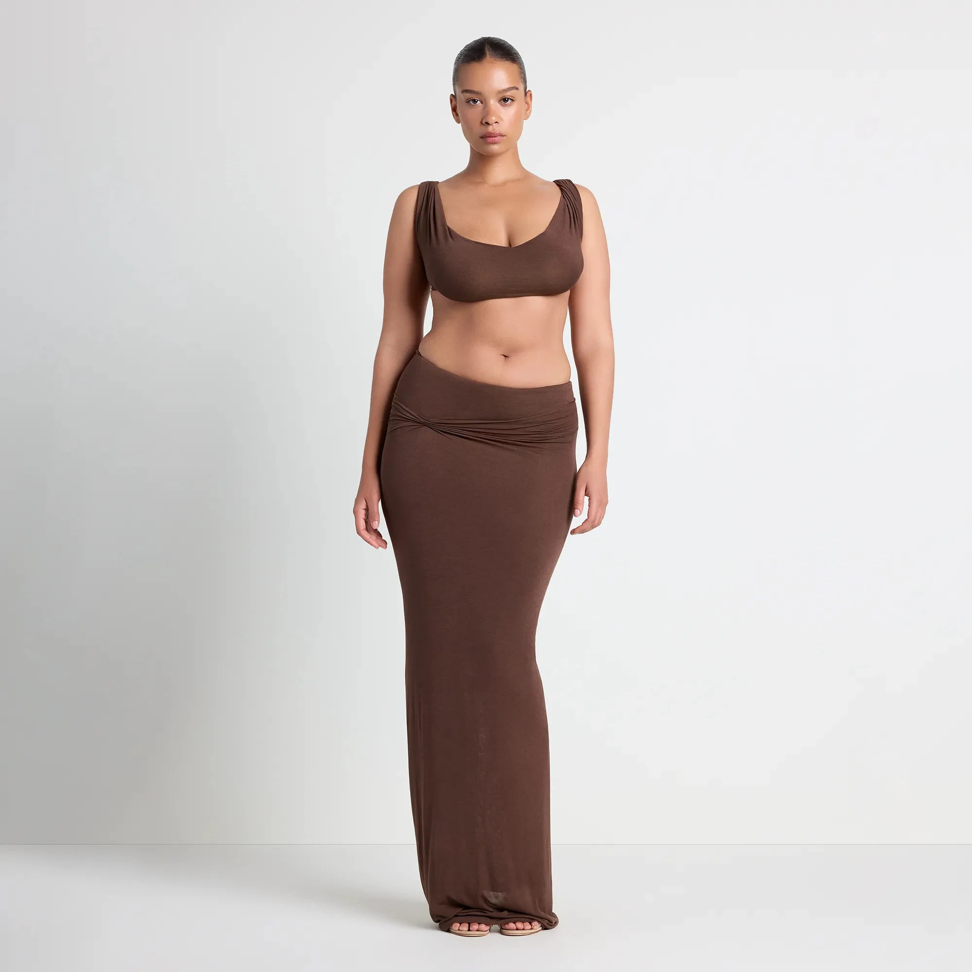 VETTESE X SKIMS SHEER MODAL DRAPED BRALETTE | COCOA ON A MODEL FRONT VIEW | FOCUS: 0.0, 1.0, 0.9
