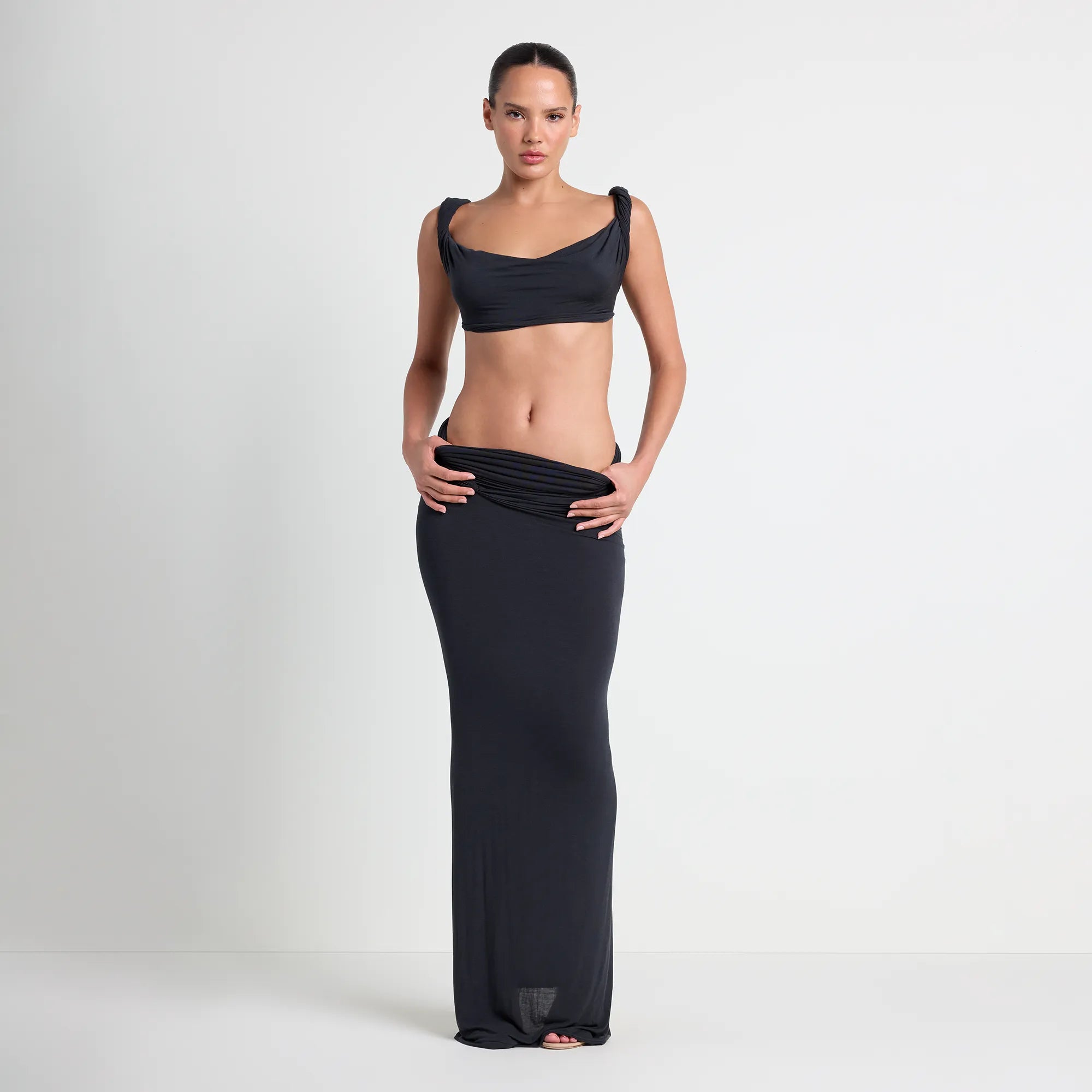 VETTESE X SKIMS SHEER MODAL DRAPED BRALETTE | ONYX ON A MODEL FRONT VIEW | FOCUS: 0.0, 1.0, 0.9