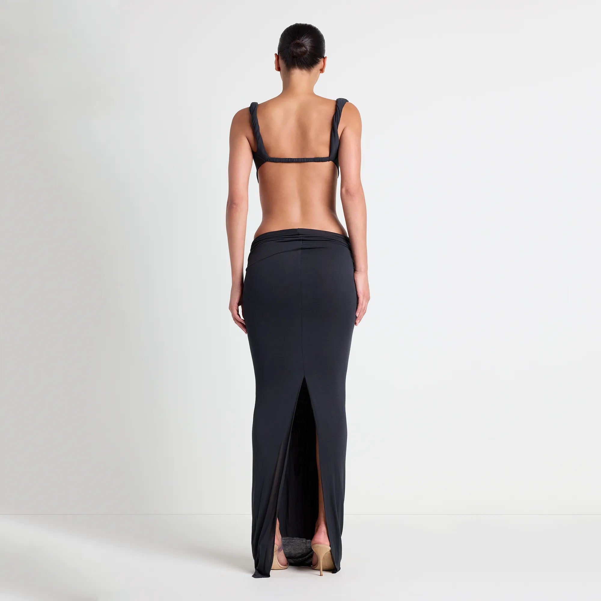 VETTESE X SKIMS SHEER MODAL DRAPED BRALETTE | ONYX ON A MODEL BACK VIEW