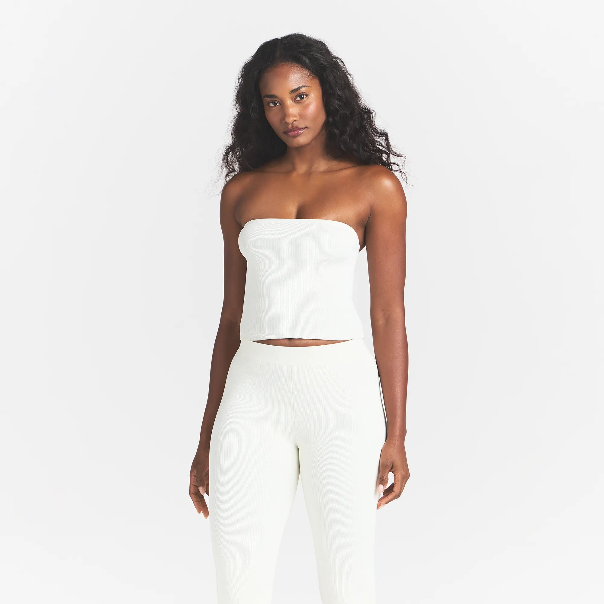 REFINED KNIT TUBE TOP | EGRET ON A MODEL FRONT VIEW @ | FOCUS: 0.0, 1.0, 0.9