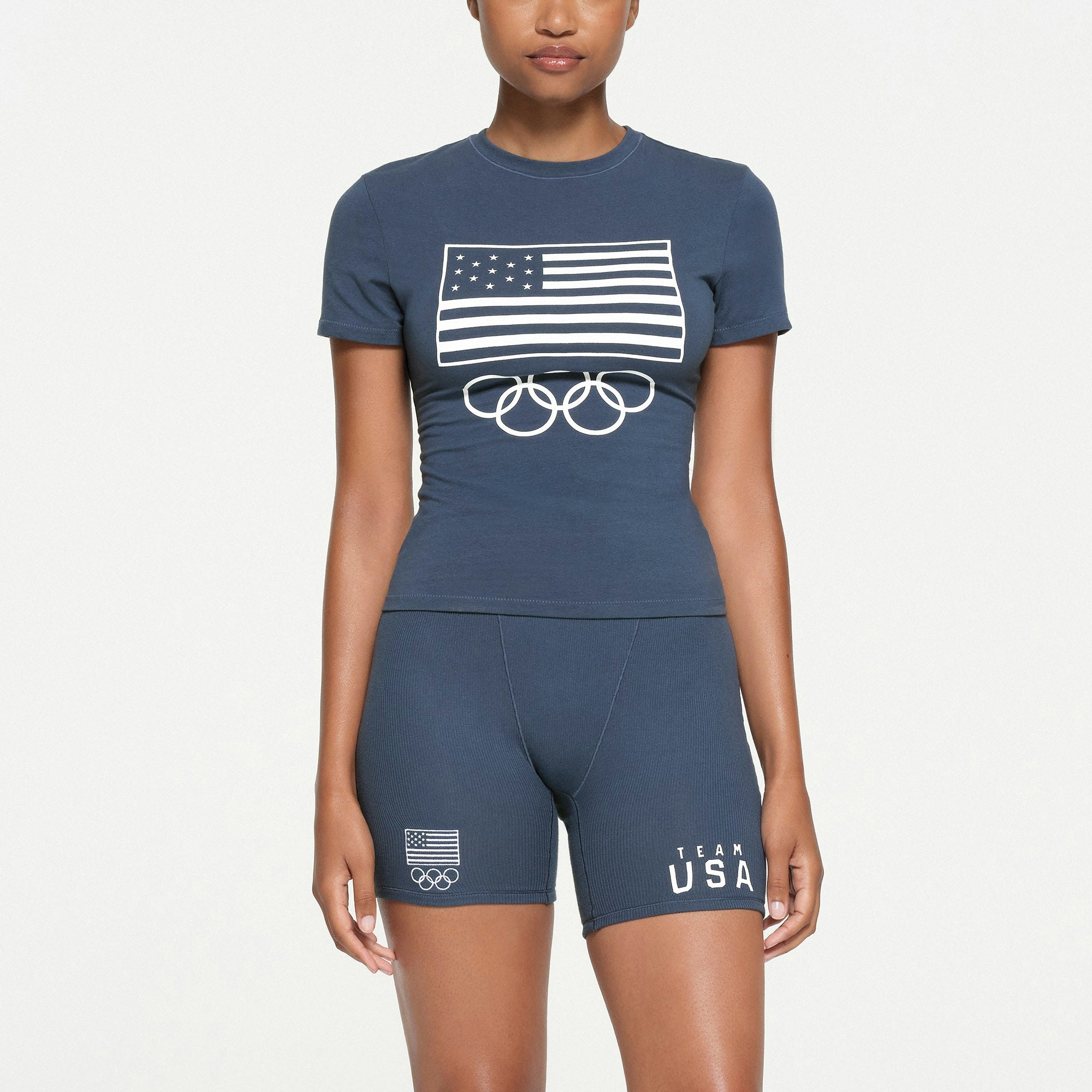 SKIMS FOR TEAM USA COTTON JERSEY OLYMPIC T-SHIRT | NAVY ON A MODEL FRONT VIEW