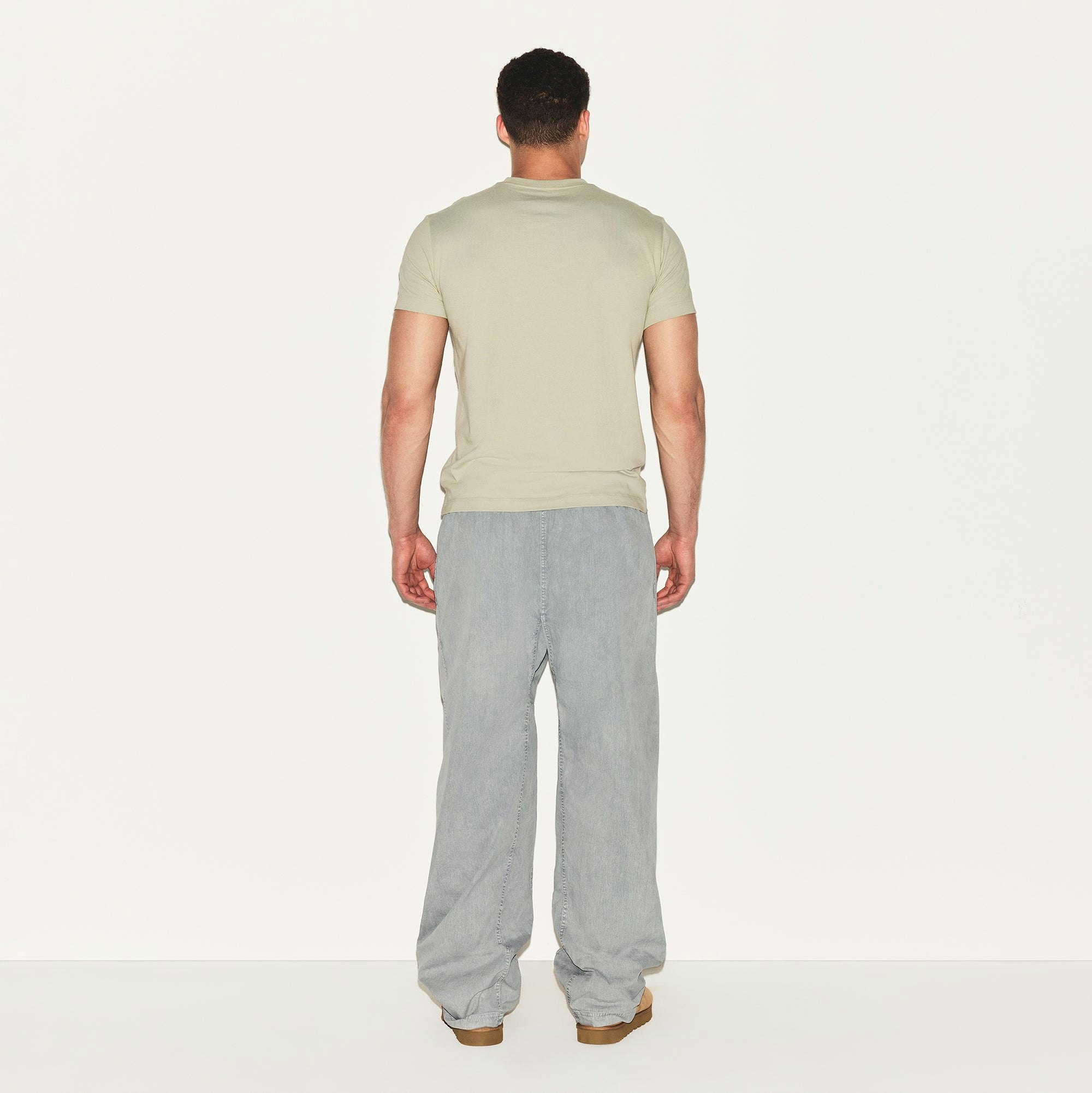 SKIMS COTTON MENS CLASSIC T-SHIRT | TALC ON A MODEL BACK VIEW | FOCUS: 0.0, 1.0, 0.9