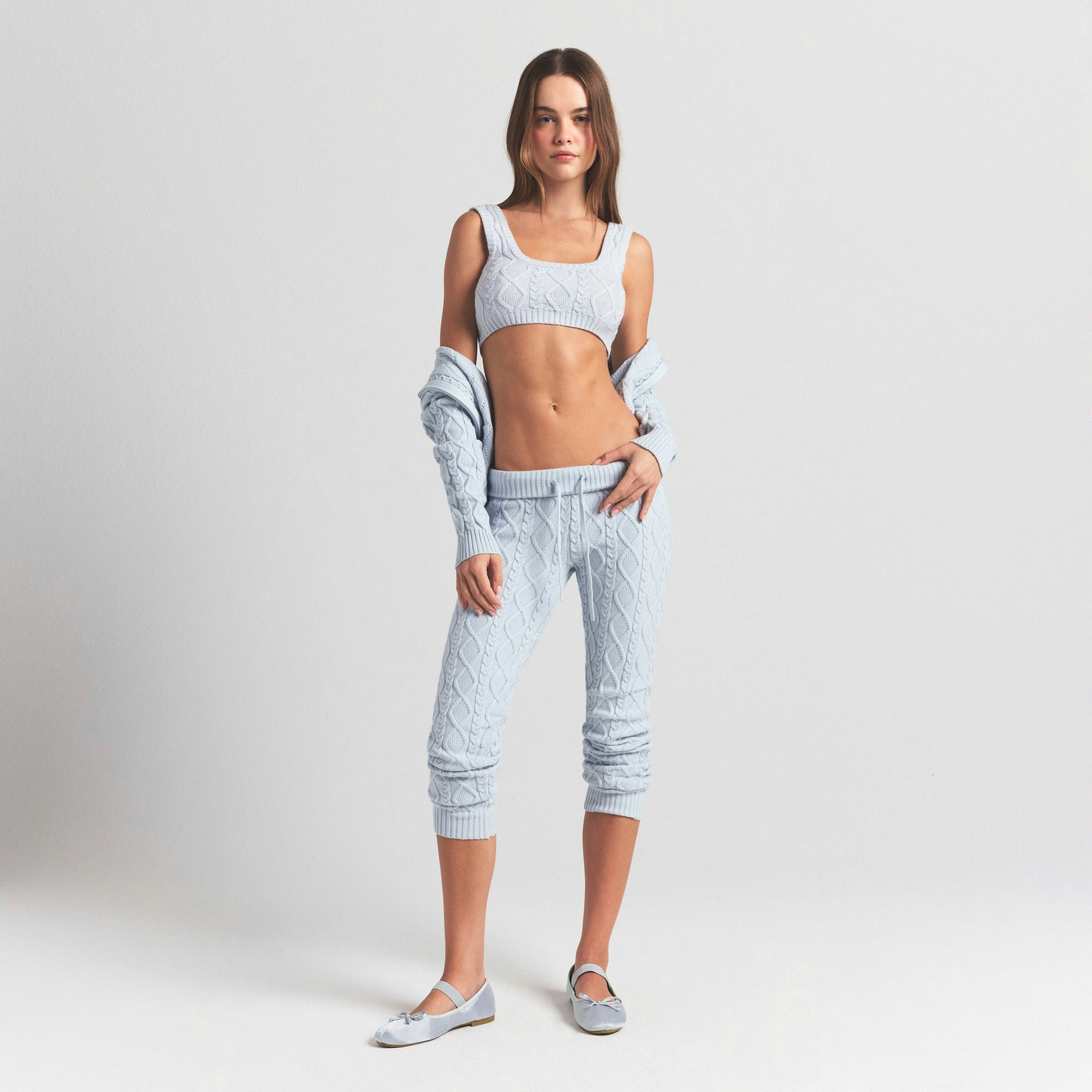 SWEATER KNITS CABLE SCOOP BRALETTE | ZEN BLUE ON A MODEL FRONT VIEW @ | FOCUS: 0.0, 1.0, 0.9