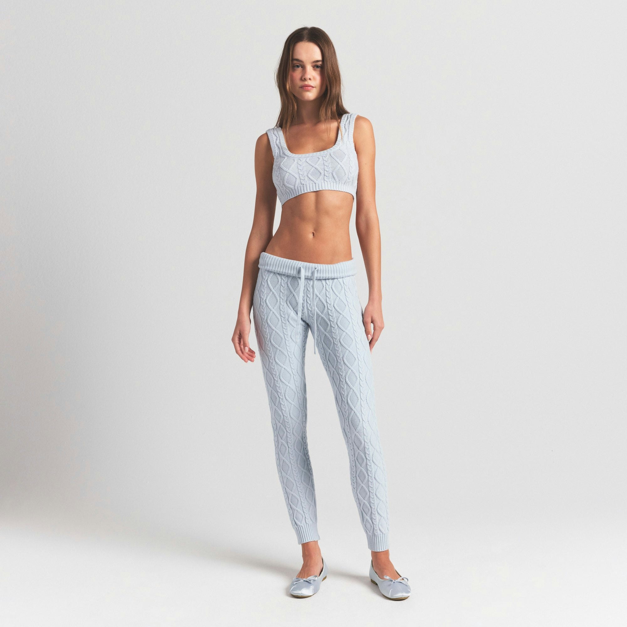 SWEATER KNITS CABLE SCOOP BRALETTE | ZEN BLUE ON A MODEL FRONT VIEW @ | FOCUS: 0.0, 1.0, 0.9