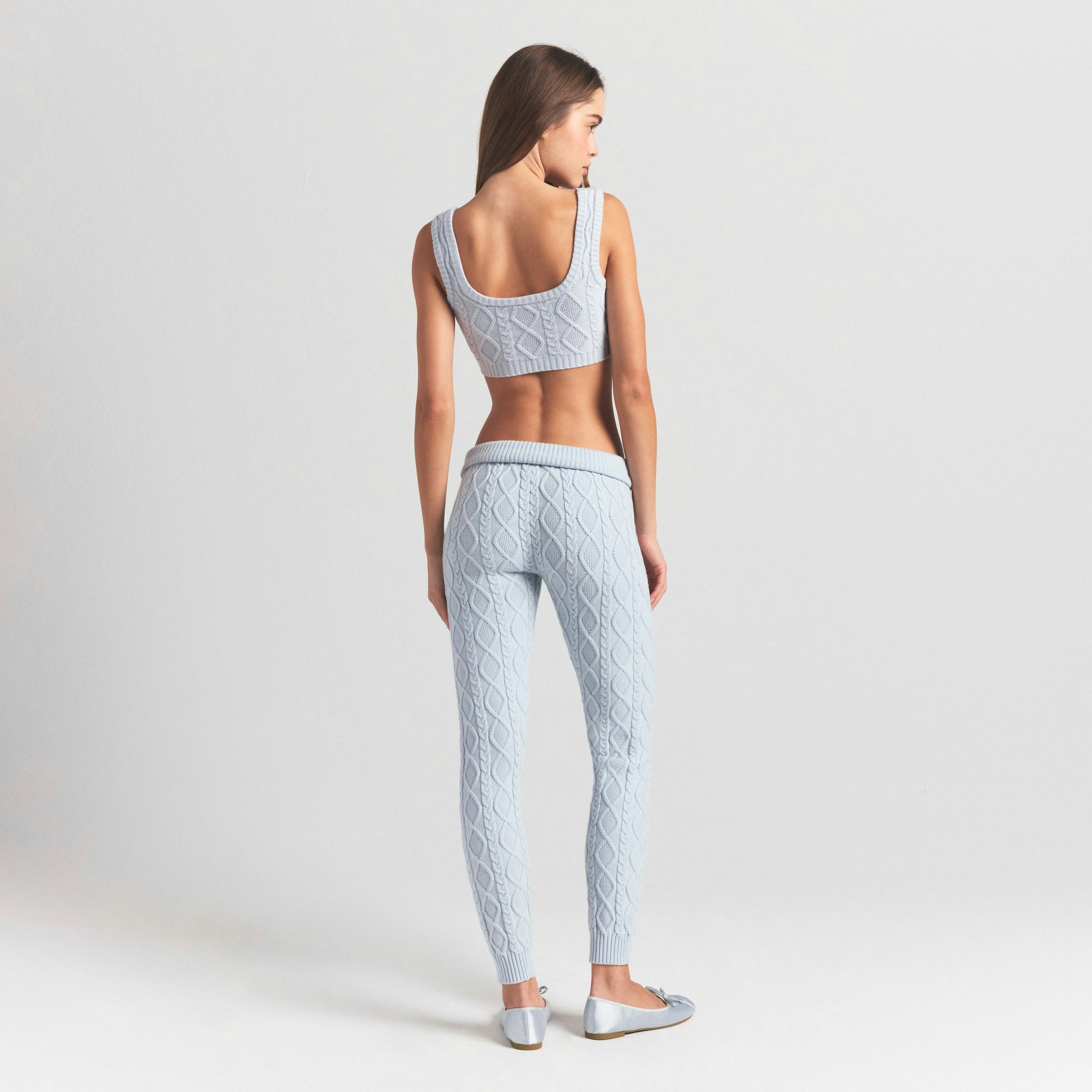 SWEATER KNITS CABLE SCOOP BRALETTE | ZEN BLUE ON A MODEL SIDE VIEW @ | FOCUS: 0.0, 1.0, 0.9