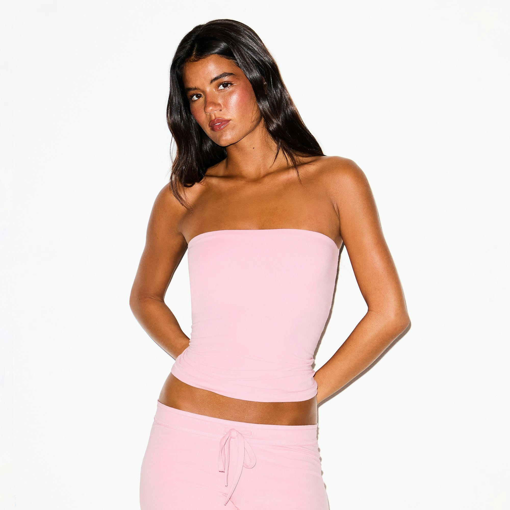COTTON JERSEY TUBE TOP | HALITE ON A MODEL FRONT VIEW @ | FOCUS: 0.0, 1.0, 0.9