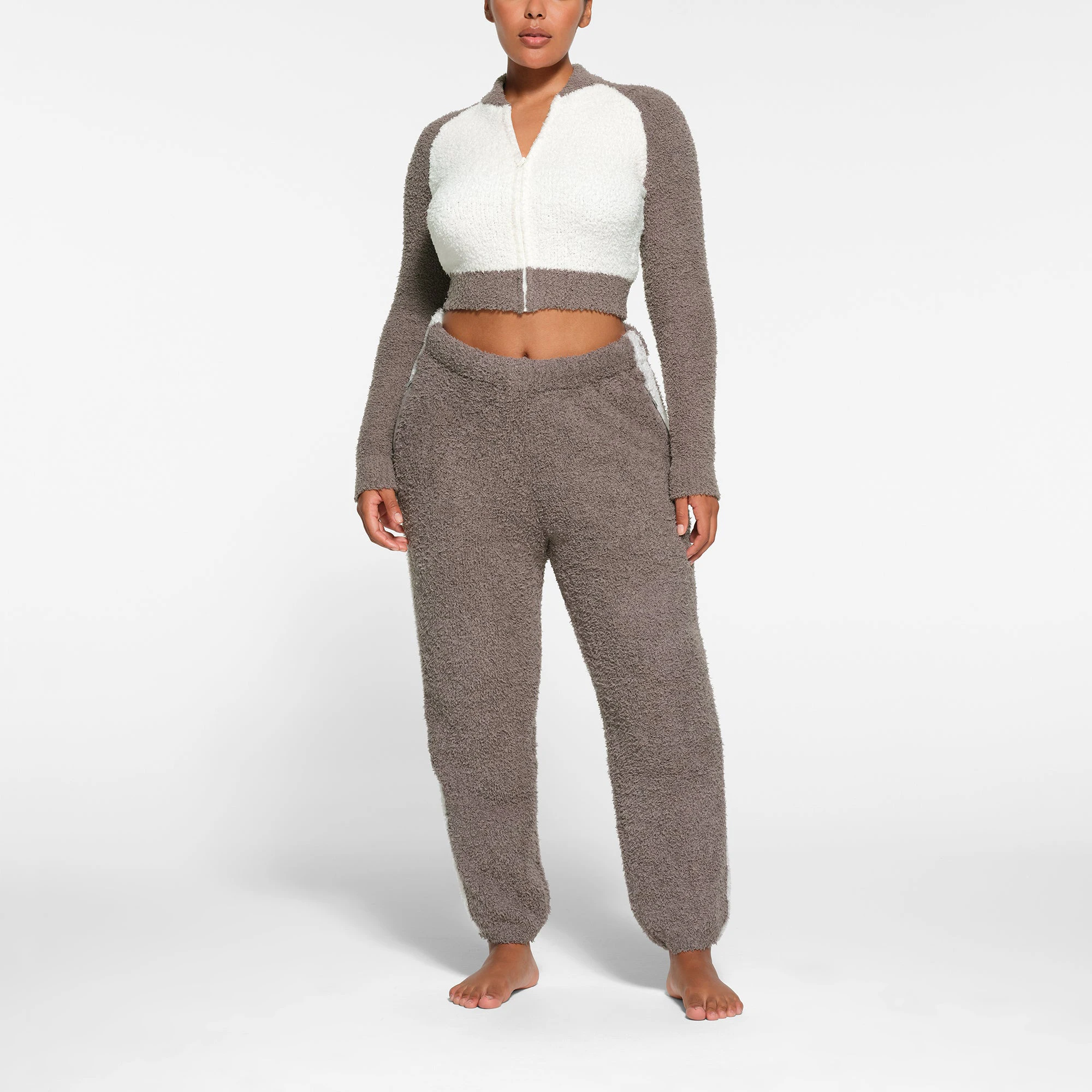 COZY KNIT ZIP UP | GREY CHALK MULTI ON A MODEL FRONT VIEW