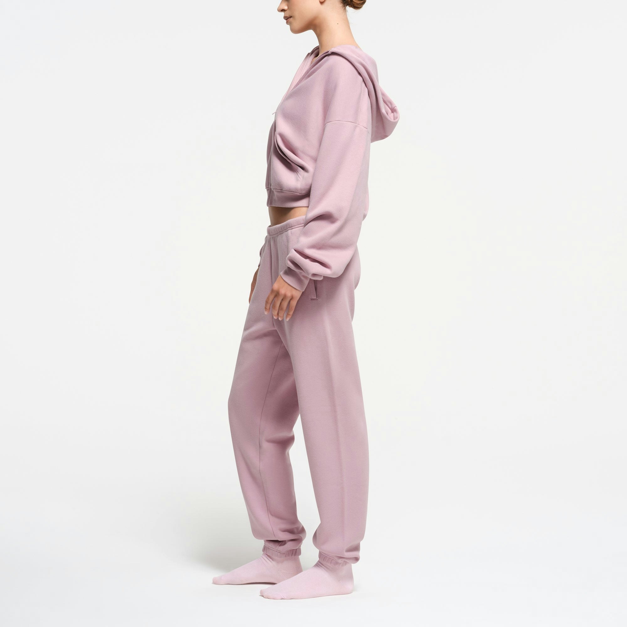 COTTON FLEECE CLASSIC ZIP UP HOODIE | DUSK ON A MODEL SIDE VIEW