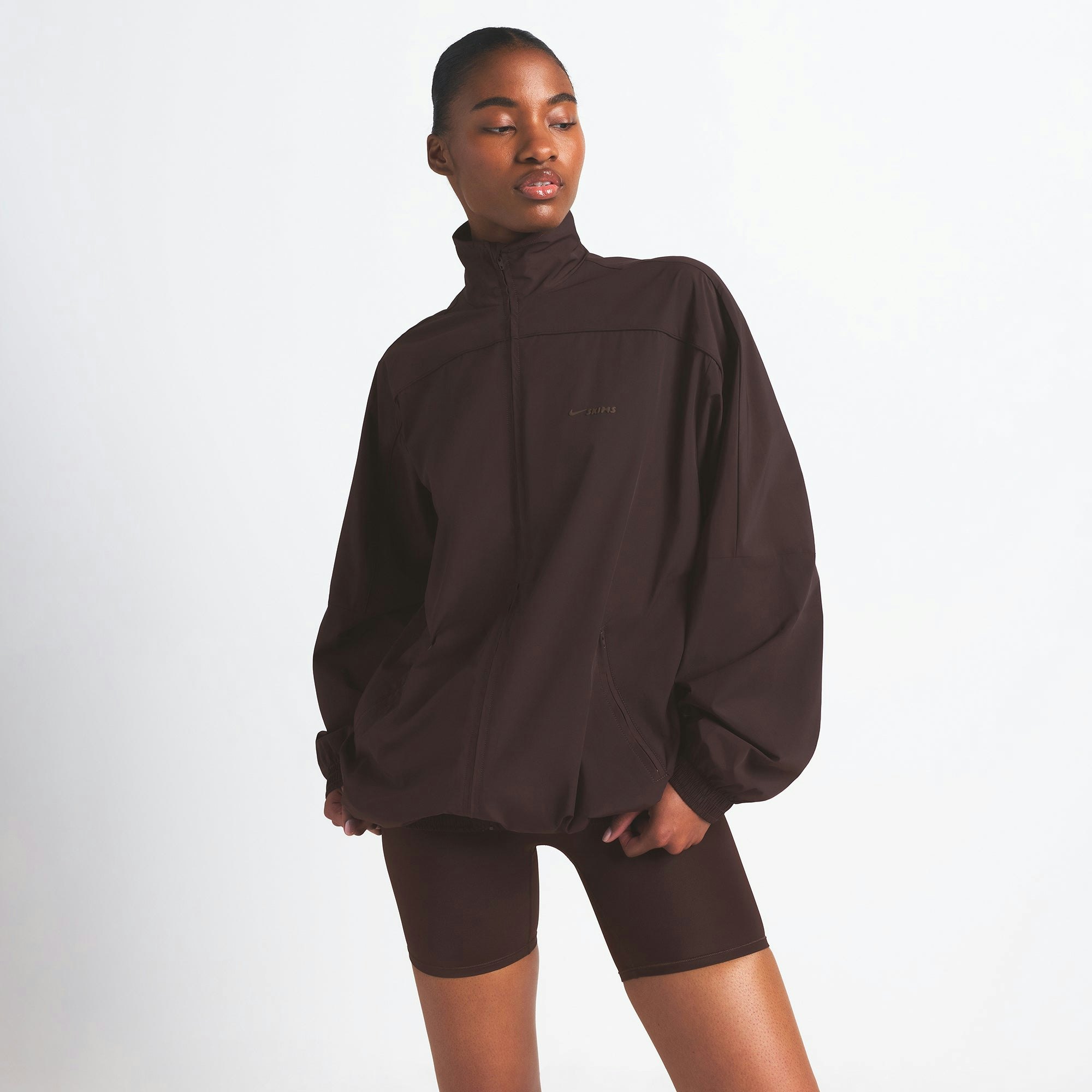 NikeSKIMS WOVEN NYLON OVERSIZED TRACK JACKET | PHOENIX ON A MODEL FRONT VIEW @ | FOCUS: 0.0, 1.0, 0.9