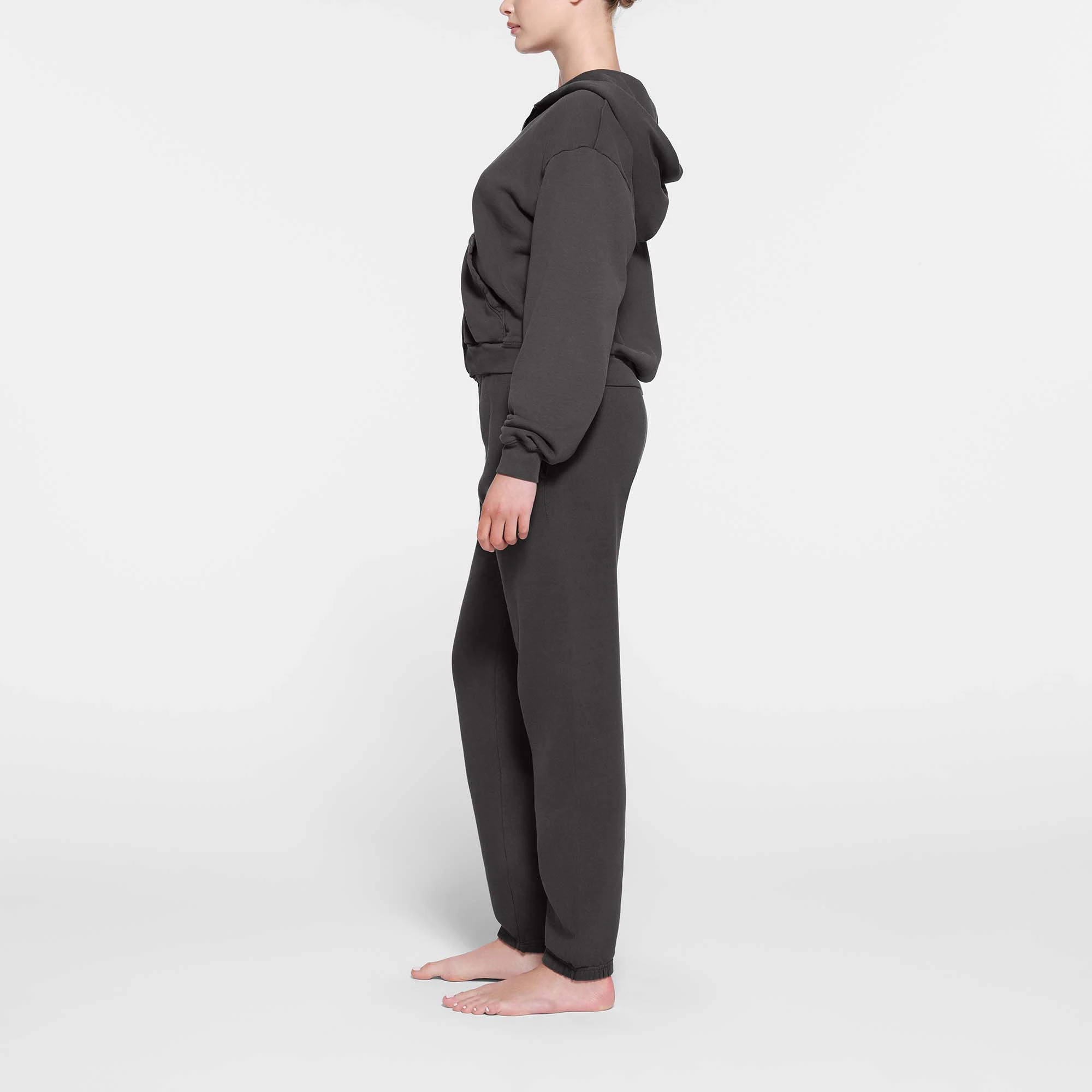 FRENCH TERRY CLASSIC ZIP UP HOODIE | ASH ON A MODEL SIDE VIEW