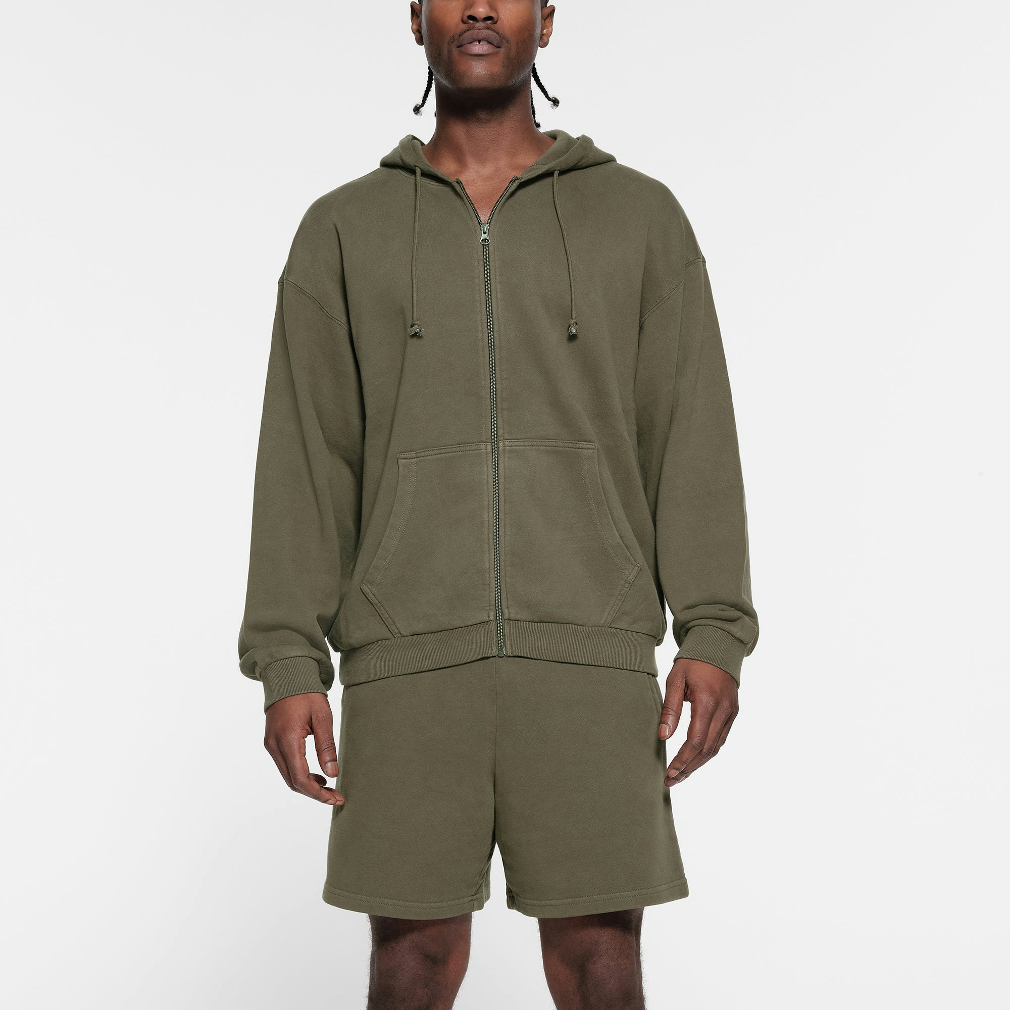 TERRY FLEECE MENS RELAXED ZIP UP HOODIE | MILITARY ON A MODEL FRONT VIEW