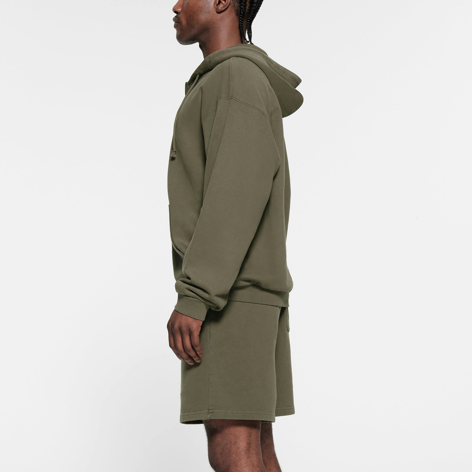 TERRY FLEECE MENS RELAXED ZIP UP HOODIE | MILITARY ON A MODEL SIDE VIEW