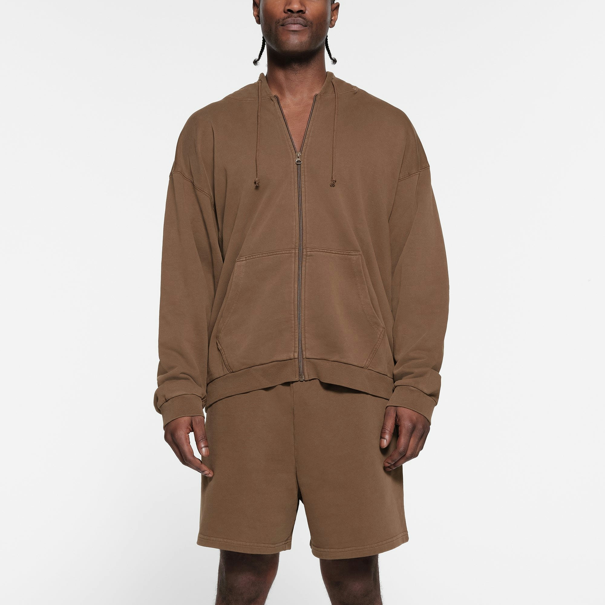 TERRY FLEECE MENS RELAXED ZIP UP HOODIE | OXIDE ON A MODEL FRONT VIEW