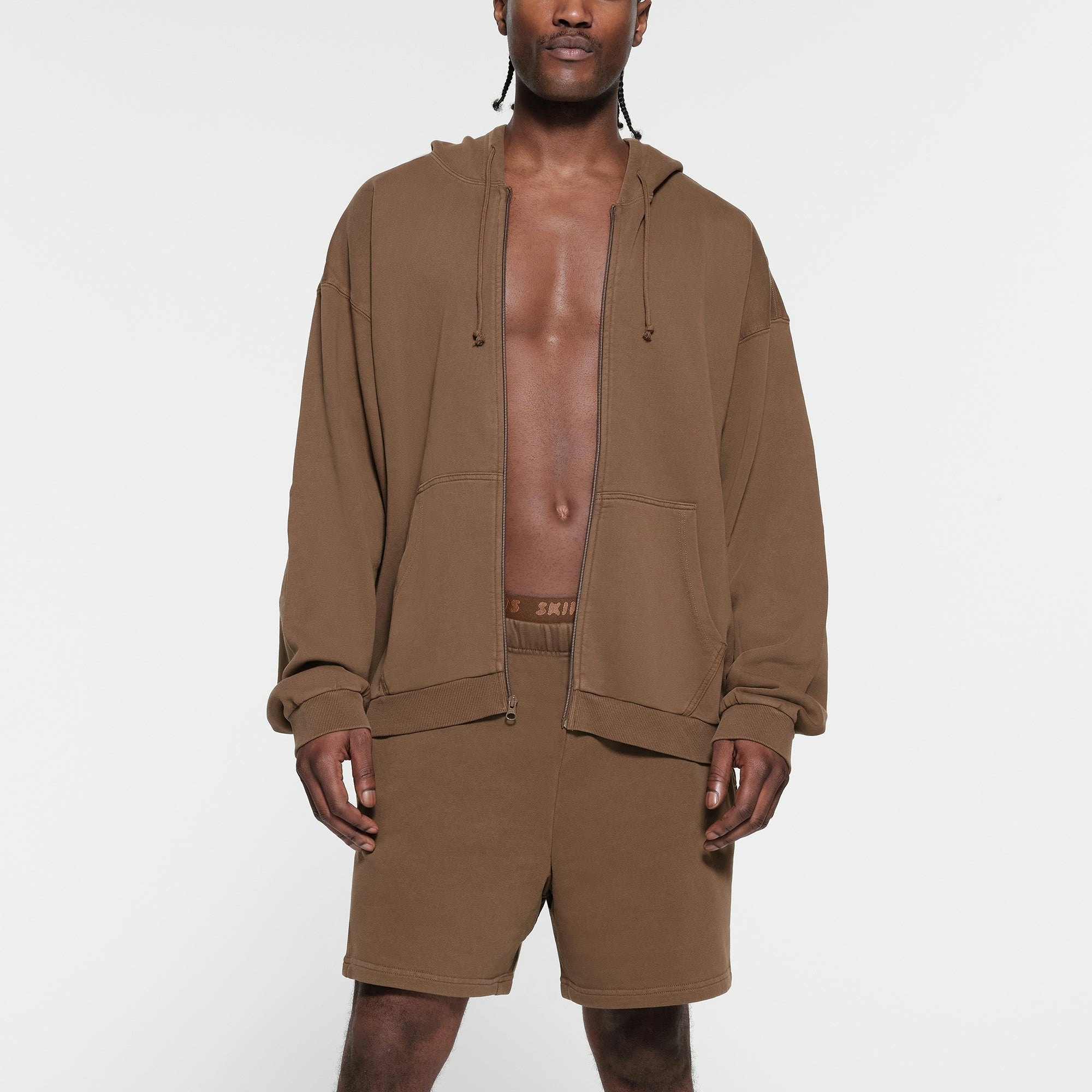 TERRY FLEECE MENS RELAXED ZIP UP HOODIE | OXIDE ON A MODEL FRONT VIEW