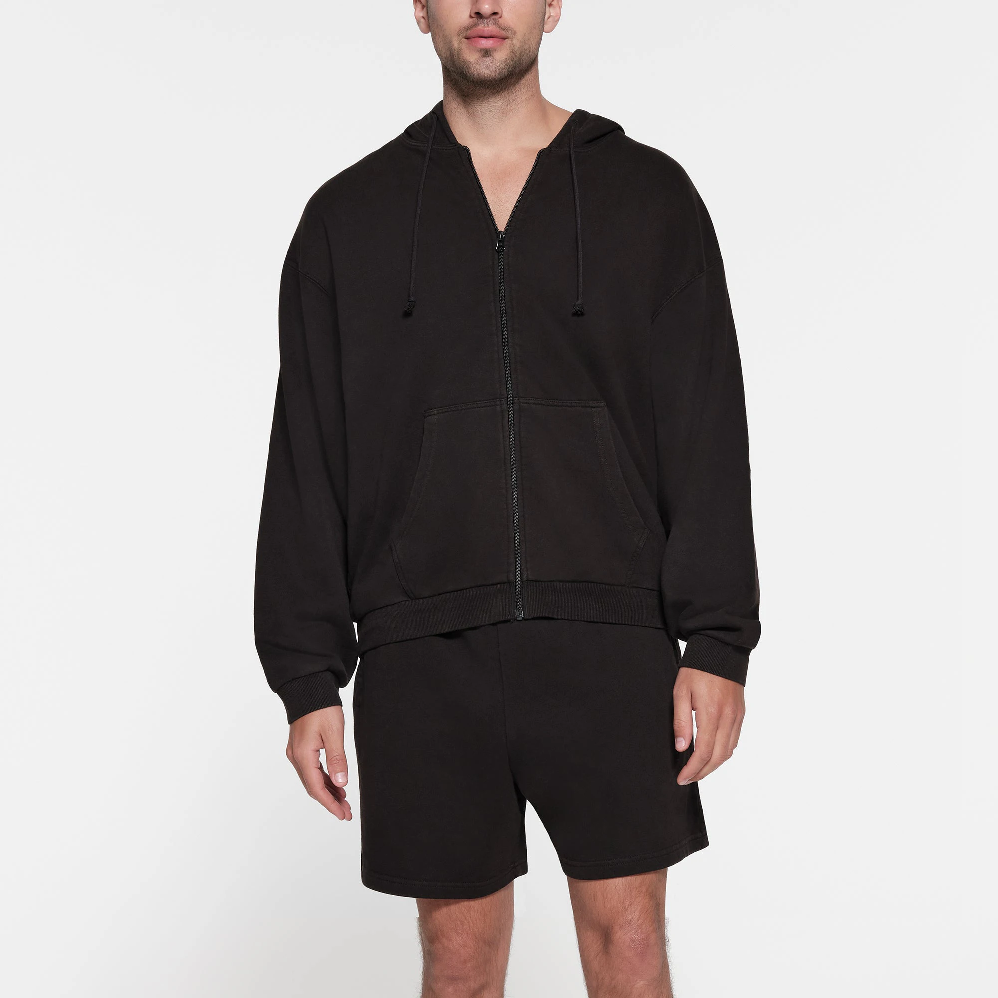 TERRY FLEECE MENS RELAXED ZIP UP HOODIE | WASHED OBSIDIAN ON A MODEL FRONT VIEW