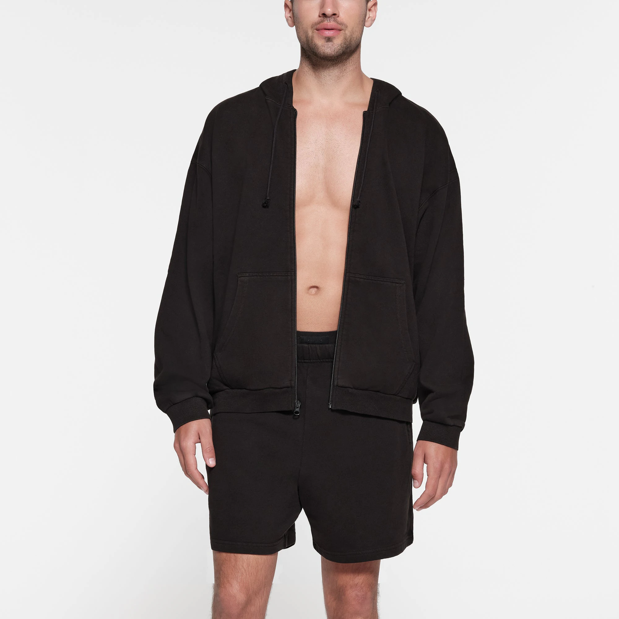 TERRY FLEECE MENS RELAXED ZIP UP HOODIE | WASHED OBSIDIAN ON A MODEL FRONT VIEW