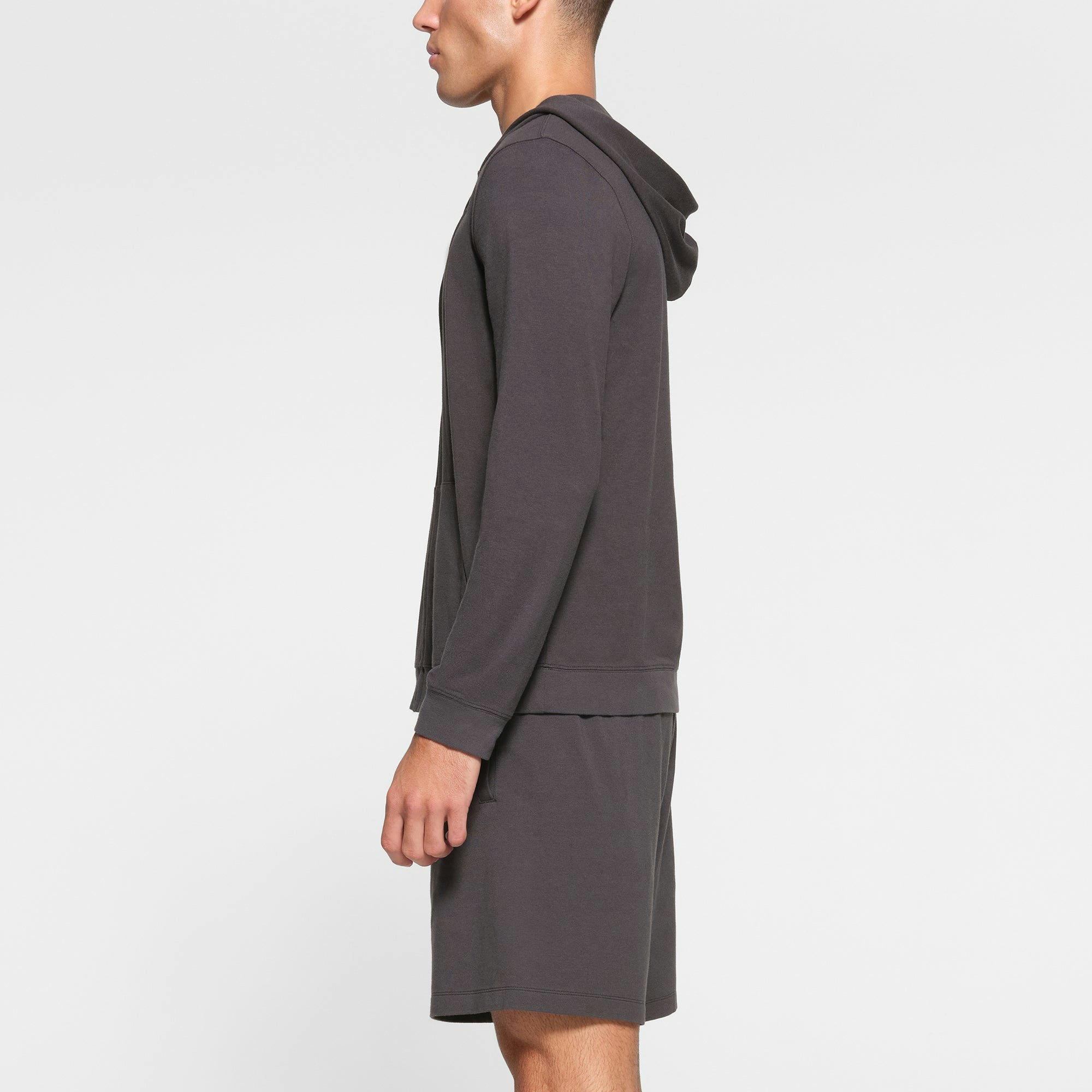 LOUNGE JERSEY MENS ZIP UP HOODIE | ASH ON A MODEL SIDE VIEW
