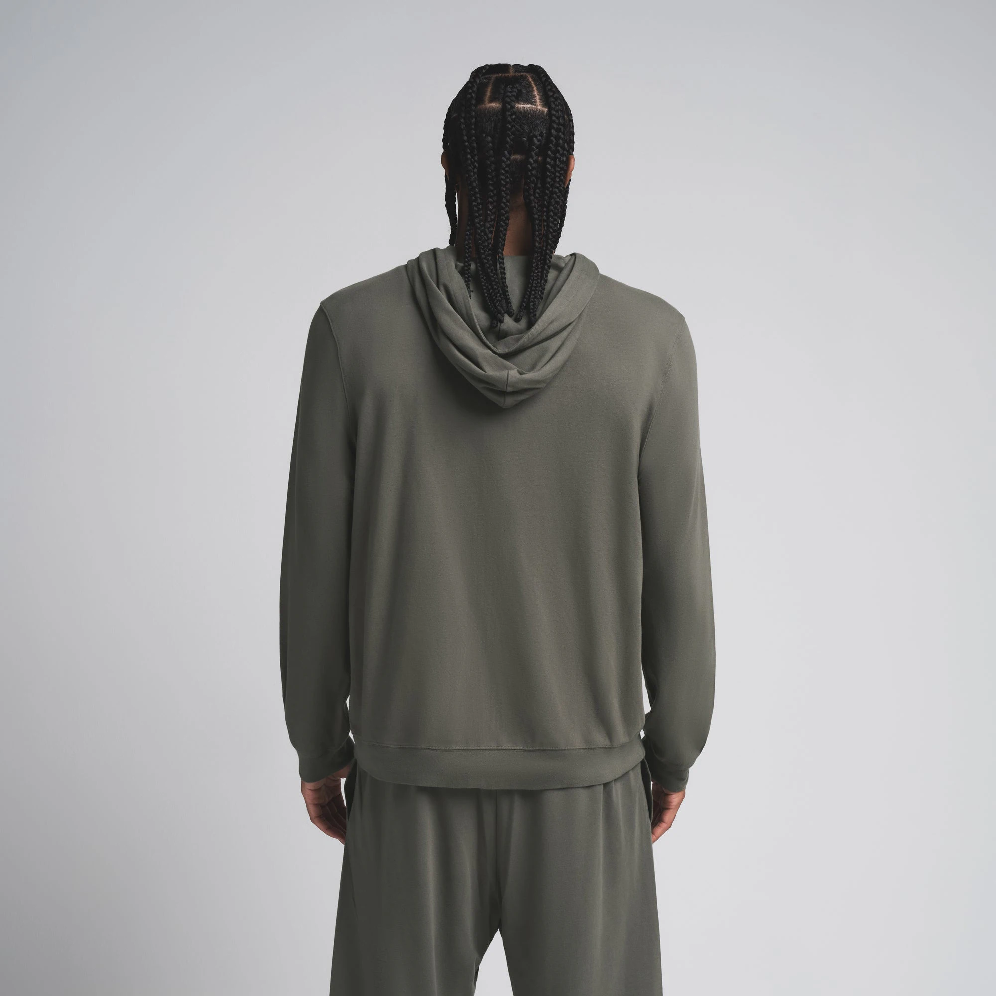 JERSEY LOUNGE MENS ZIP UP HOODIE | BASIL ON A MODEL SIDE VIEW | FOCUS: 0.0, 1.0, 0.9