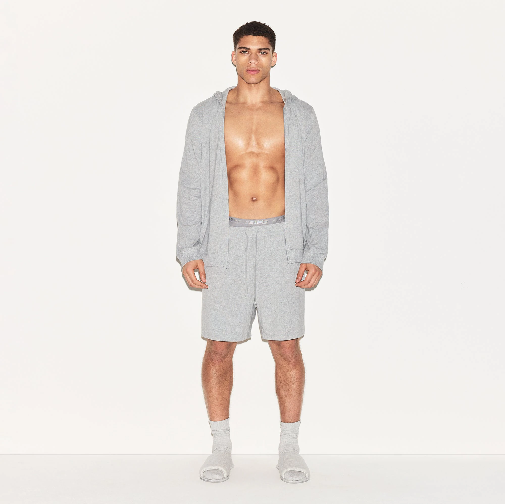JERSEY LOUNGE MENS ZIP UP HOODIE | HEATHER GREY ON A MODEL FRONT VIEW | FOCUS: 0.0, 1.0, 0.9