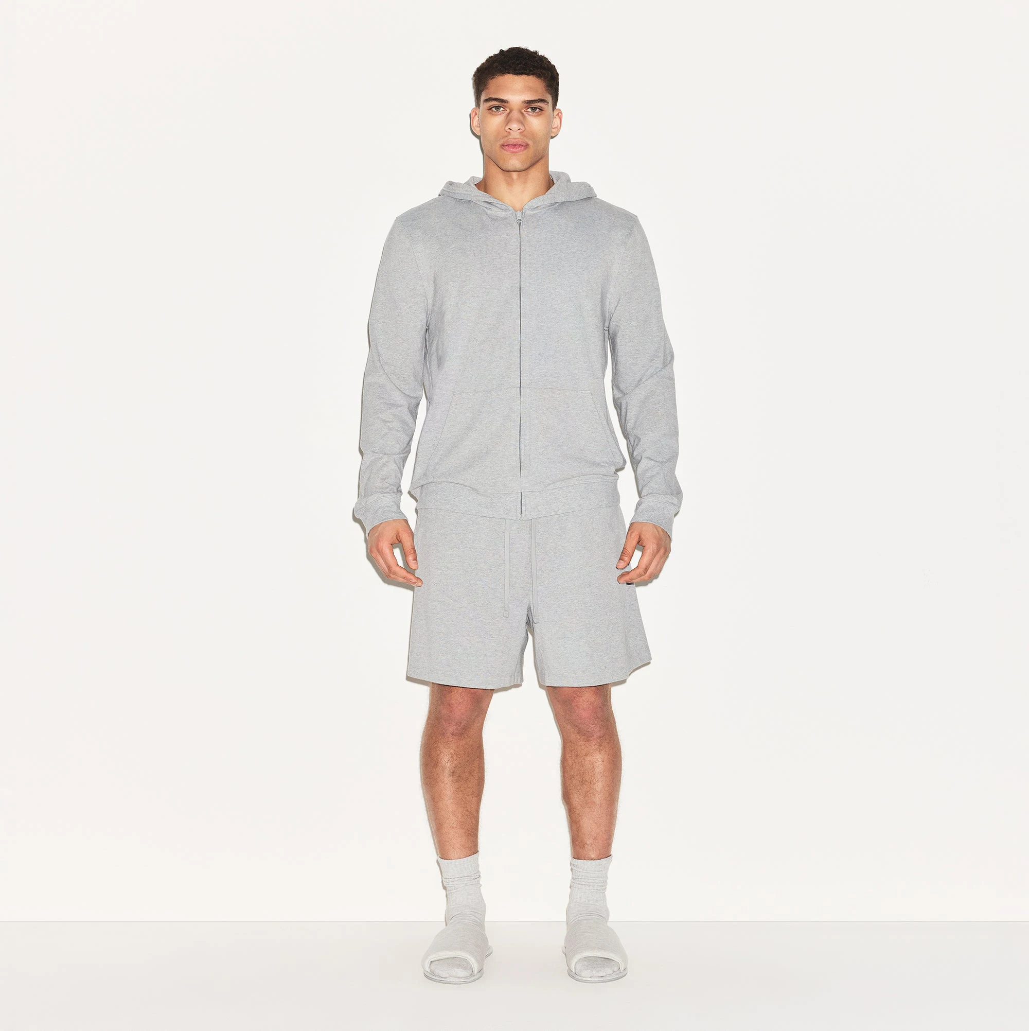 JERSEY LOUNGE MENS ZIP UP HOODIE | HEATHER GREY ON A MODEL FRONT VIEW | FOCUS: 0.0, 1.0, 0.9
