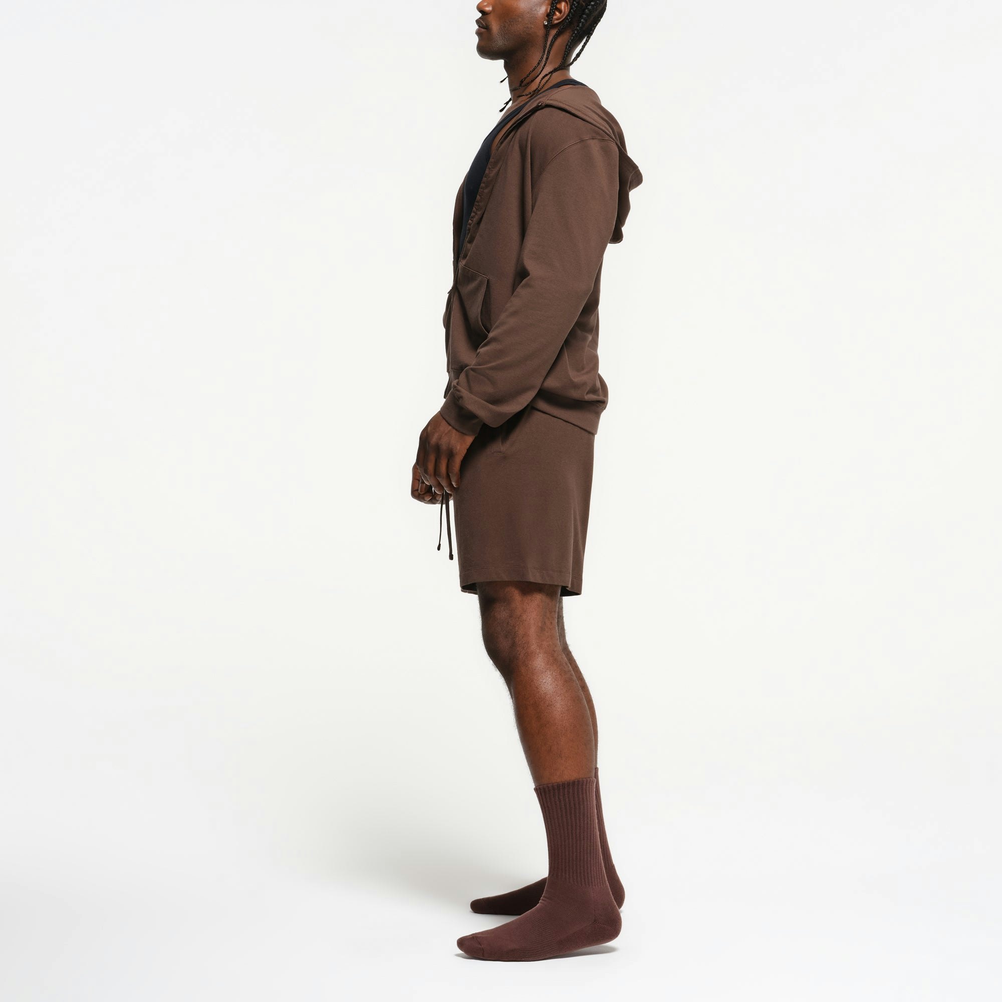 JERSEY LOUNGE MENS ZIP UP HOODIE | MUD ON A MODEL SIDE VIEW