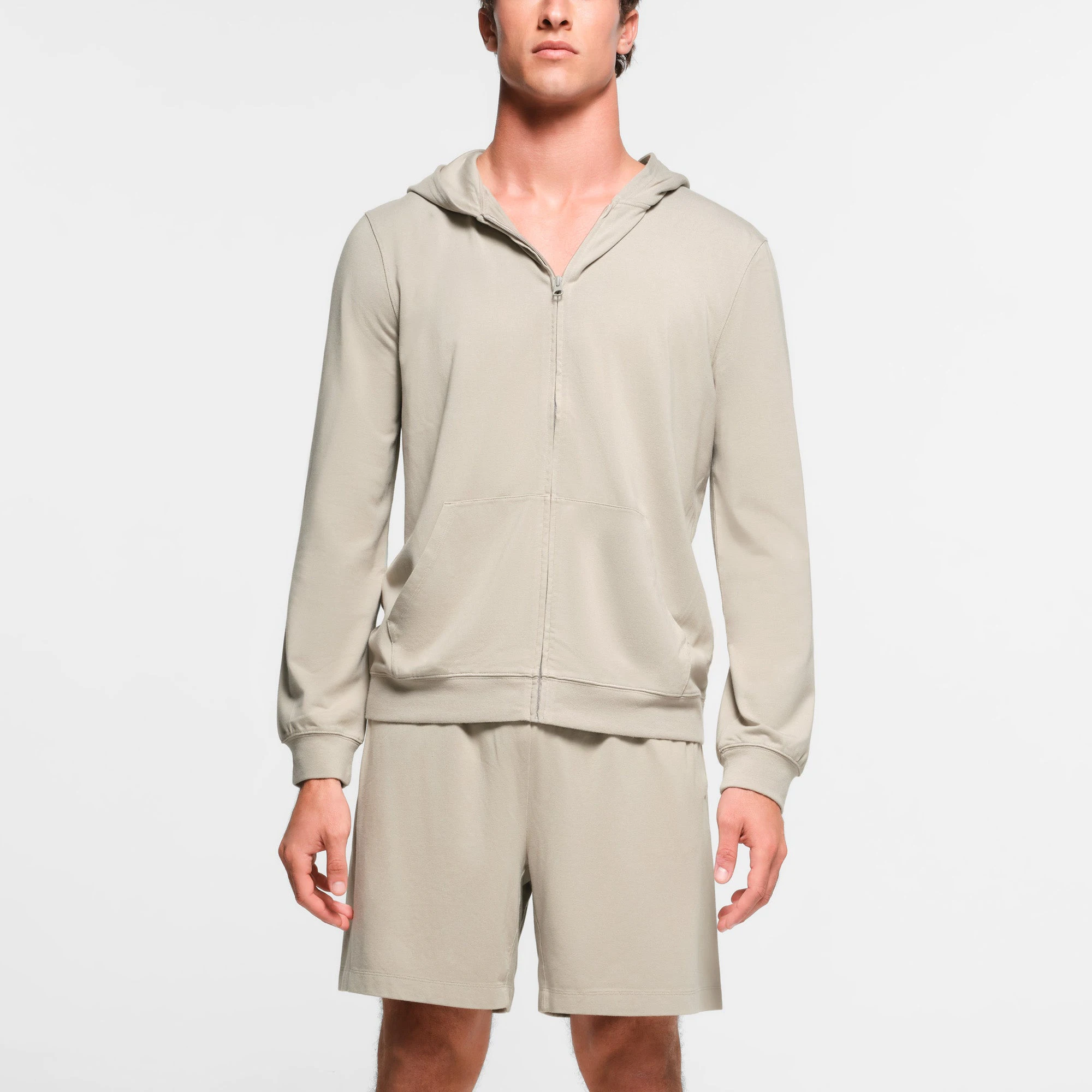 JERSEY LOUNGE MENS ZIP UP HOODIE | SHALE ON A MODEL FRONT VIEW