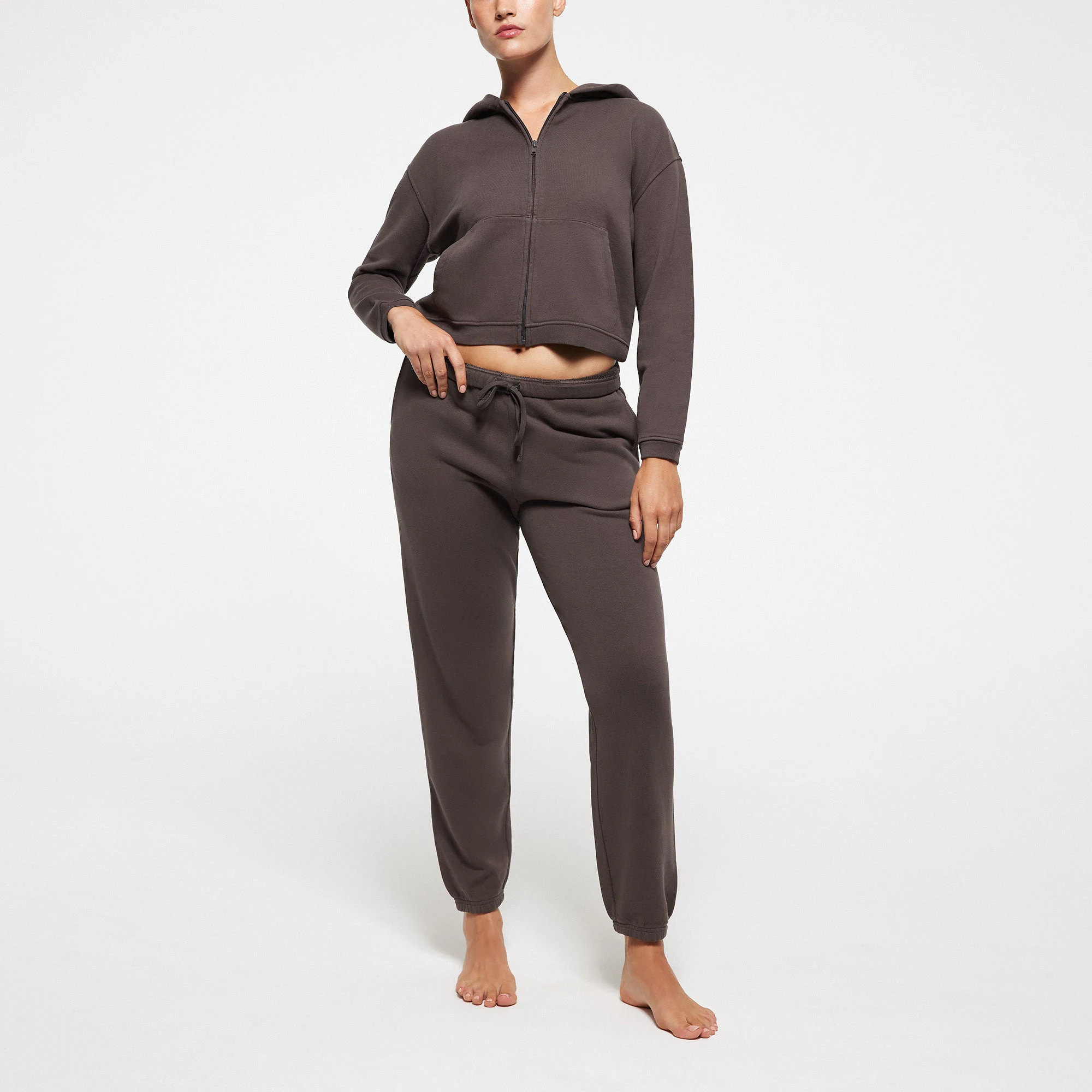 FRENCH TERRY SHRUNKEN ZIP UP HOODIE | IRON ON A MODEL FRONT VIEW