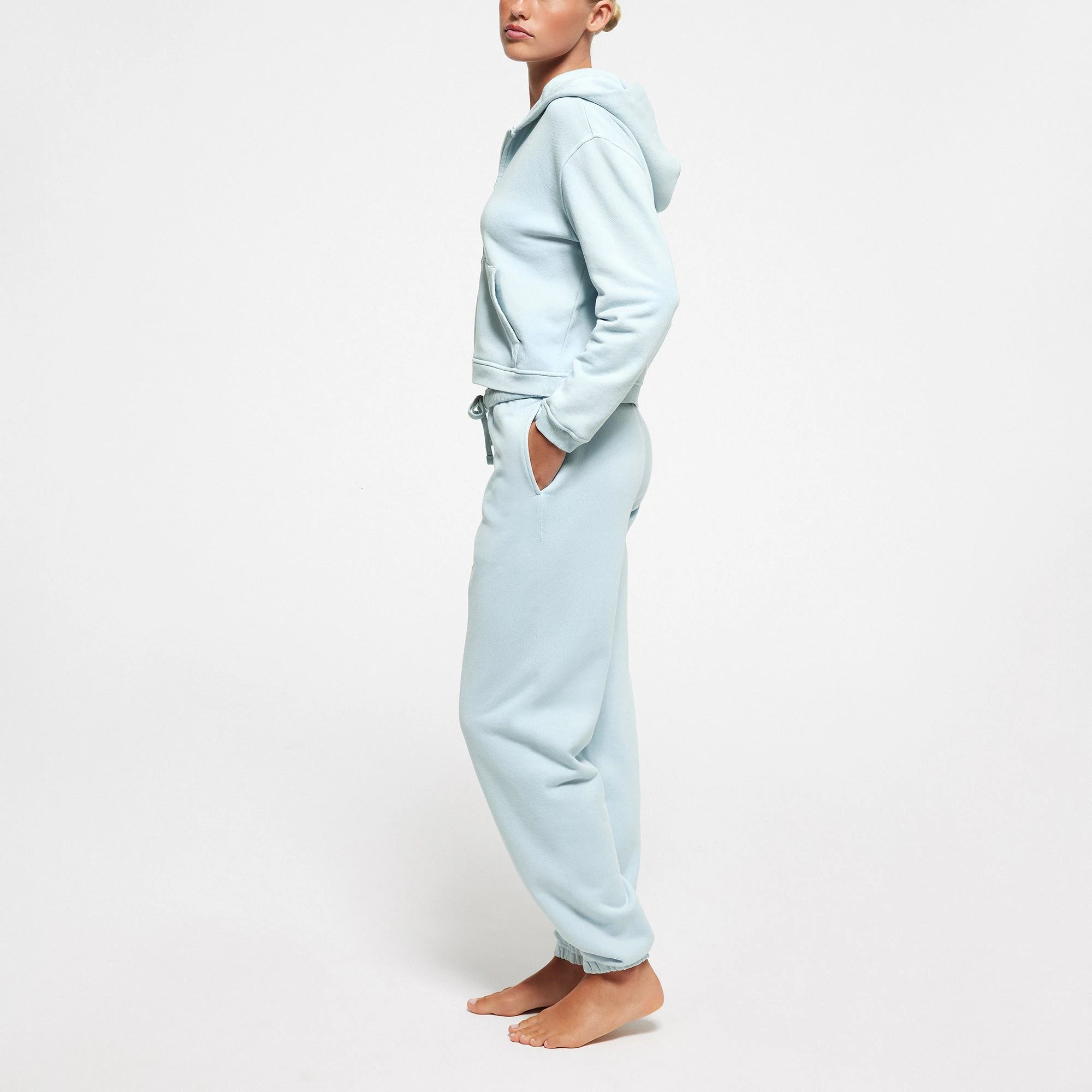 FRENCH TERRY SHRUNKEN ZIP UP HOODIE | OPAL ON A MODEL SIDE VIEW