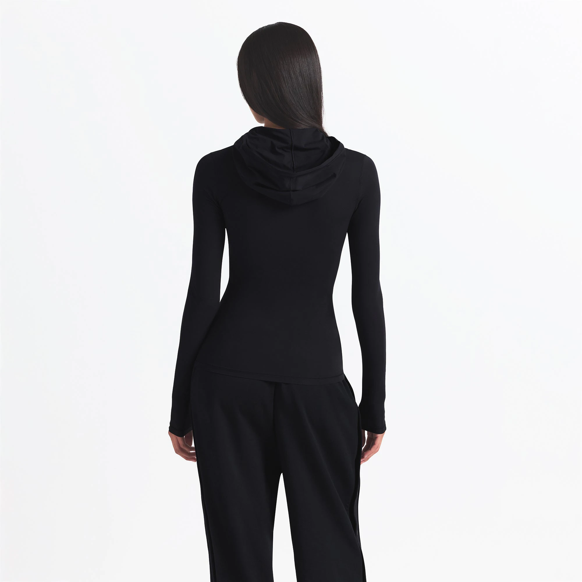 NikeSKIMS WEIGHTLESS LAYERS ZIP UP HOODIE | OBSIDIAN ON A MODEL BACK VIEW