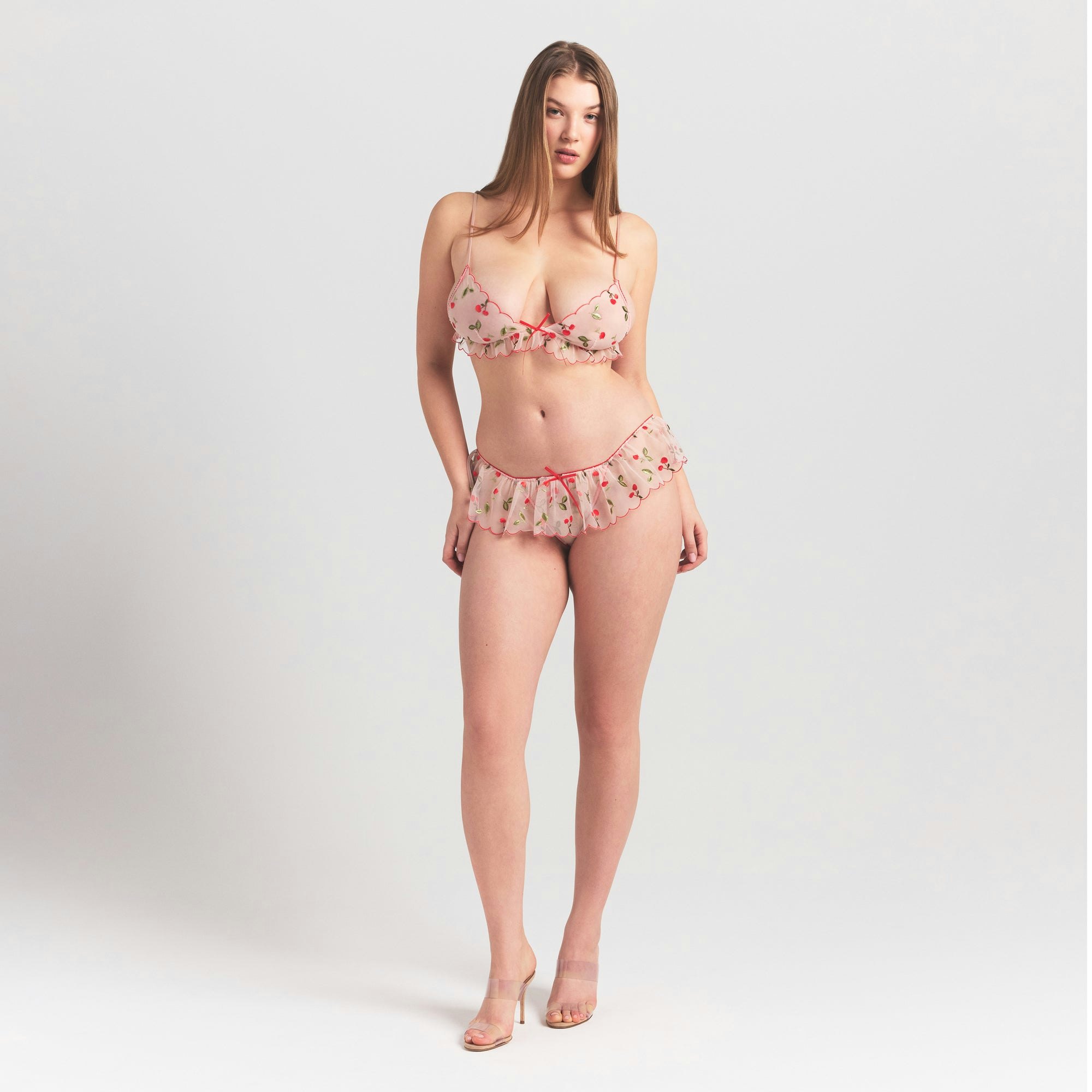 EMBROIDERED TULLE SKIMPY TRIANGLE BRALETTE | PRIMROSE CHERRY TULLE ON A MODEL FRONT VIEW @ | FOCUS: 0.0, 1.0, 0.9