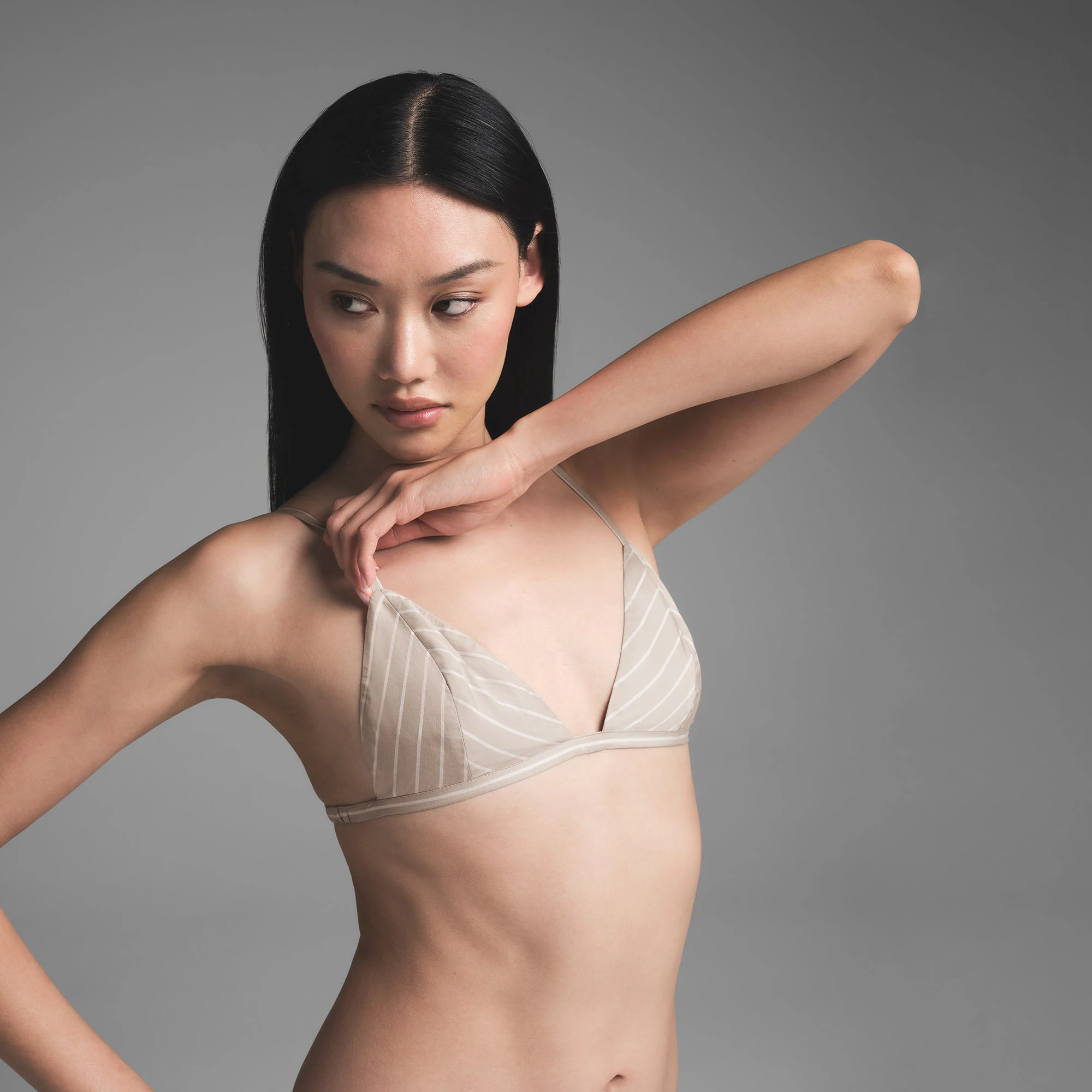 COTTON POPLIN TRIANGLE BRALETTE | STONE STRIPE ON A MODEL SIDE VIEW | FOCUS: 0.0, 1.0, 0.9