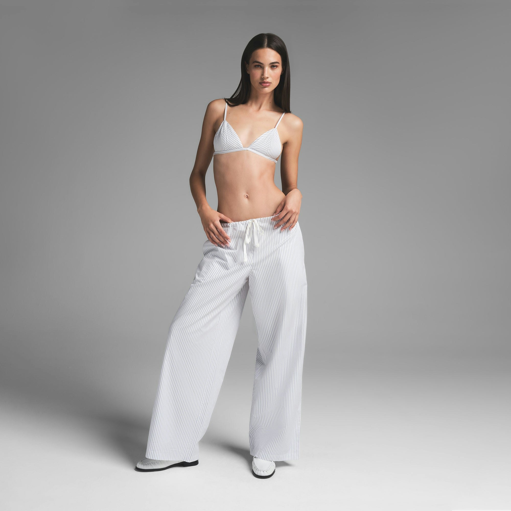 COTTON POPLIN TRIANGLE BRALETTE | ZEN BLUE STRIPE ON A MODEL FRONT VIEW | FOCUS: 0.0, 1.0, 0.9