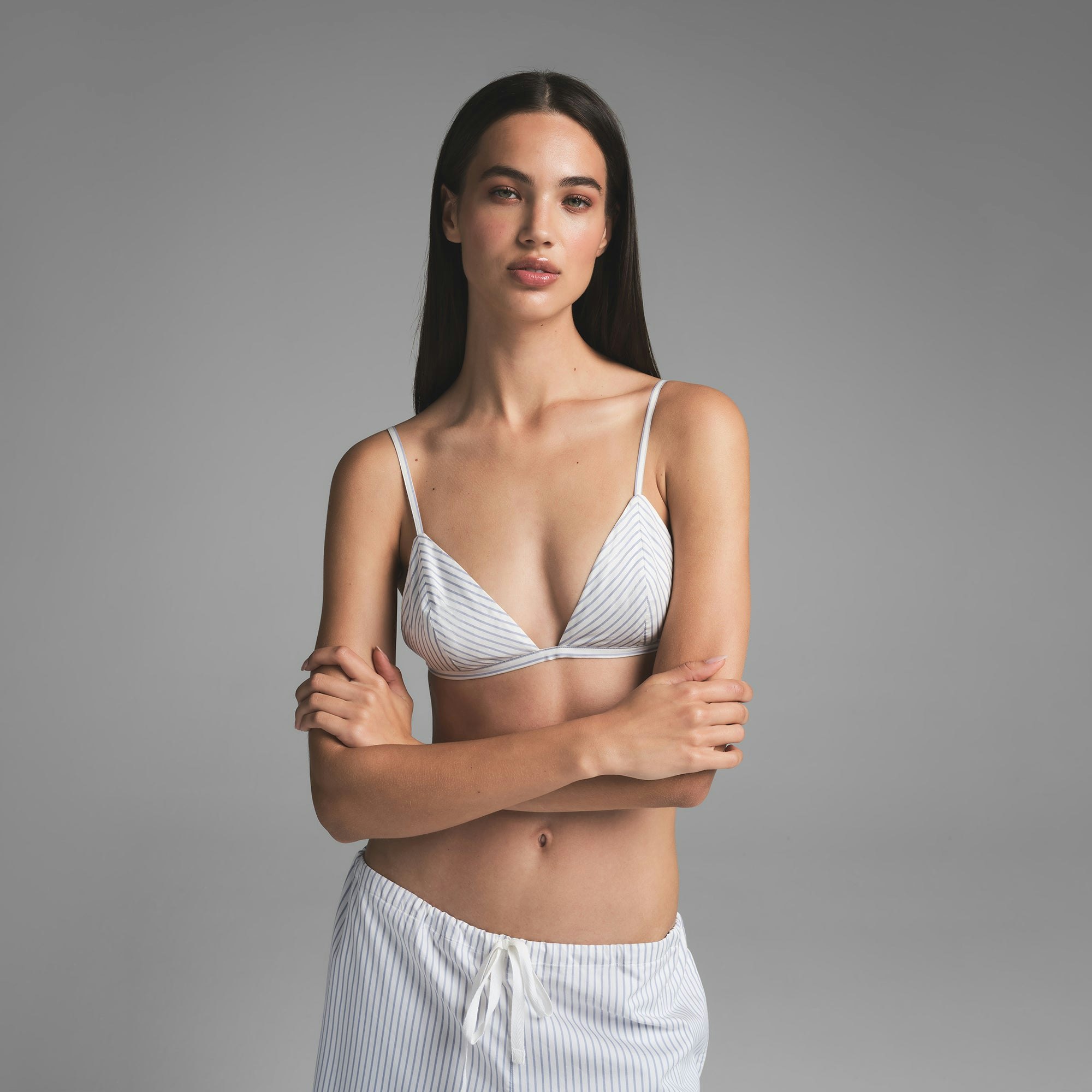 COTTON POPLIN TRIANGLE BRALETTE | ZEN BLUE STRIPE ON A MODEL FRONT VIEW | FOCUS: 0.0, 1.0, 0.9