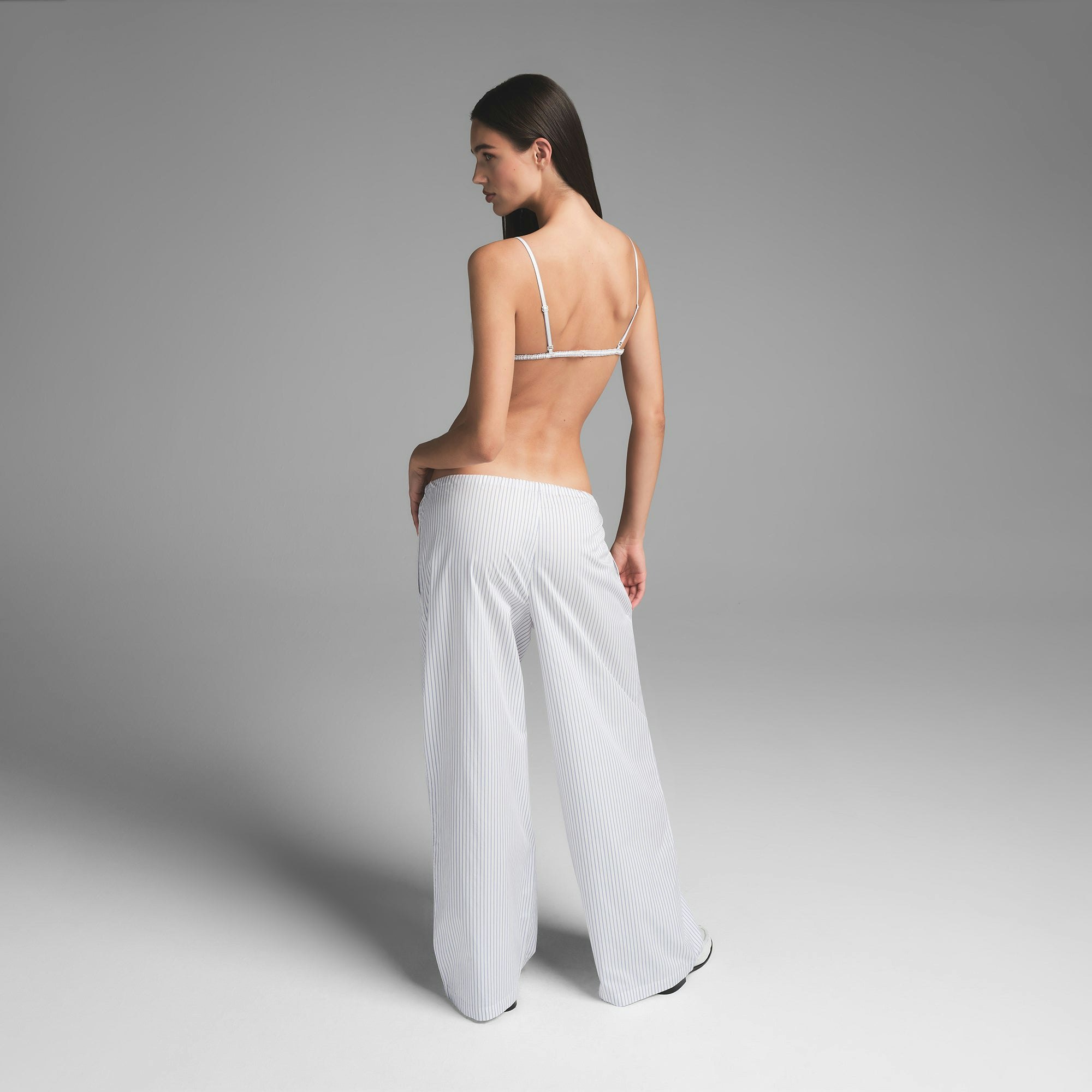 COTTON POPLIN TRIANGLE BRALETTE | ZEN BLUE STRIPE ON A MODEL BACK VIEW | FOCUS: 0.0, 1.0, 0.9